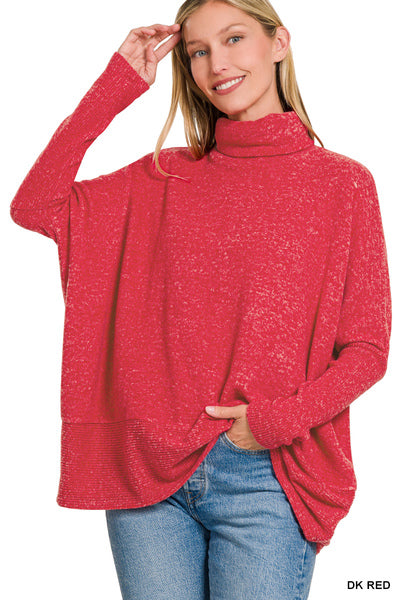 Cabin Holiday Brushed Melange Turtleneck Sweater in Dark Red