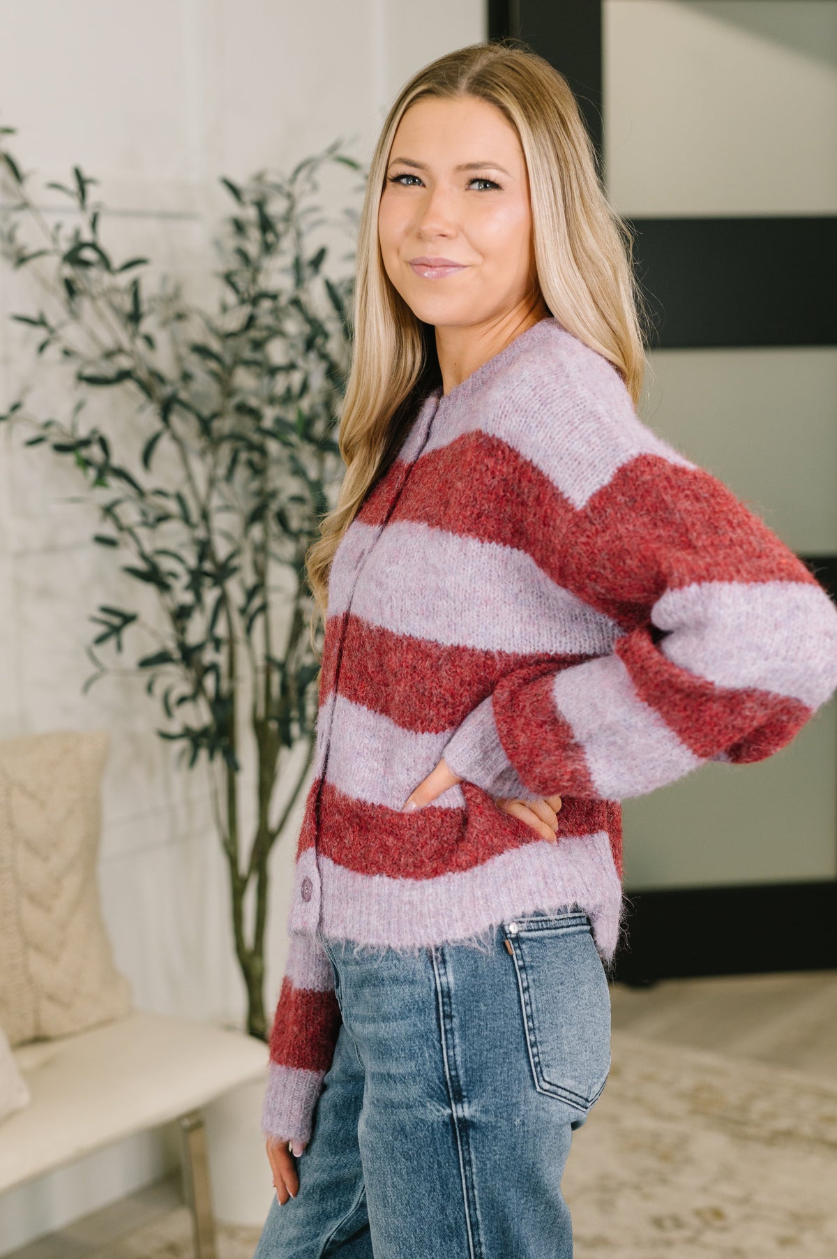 Cuddle Up Button Fuzzy Cardigan in Lilac and Berry
