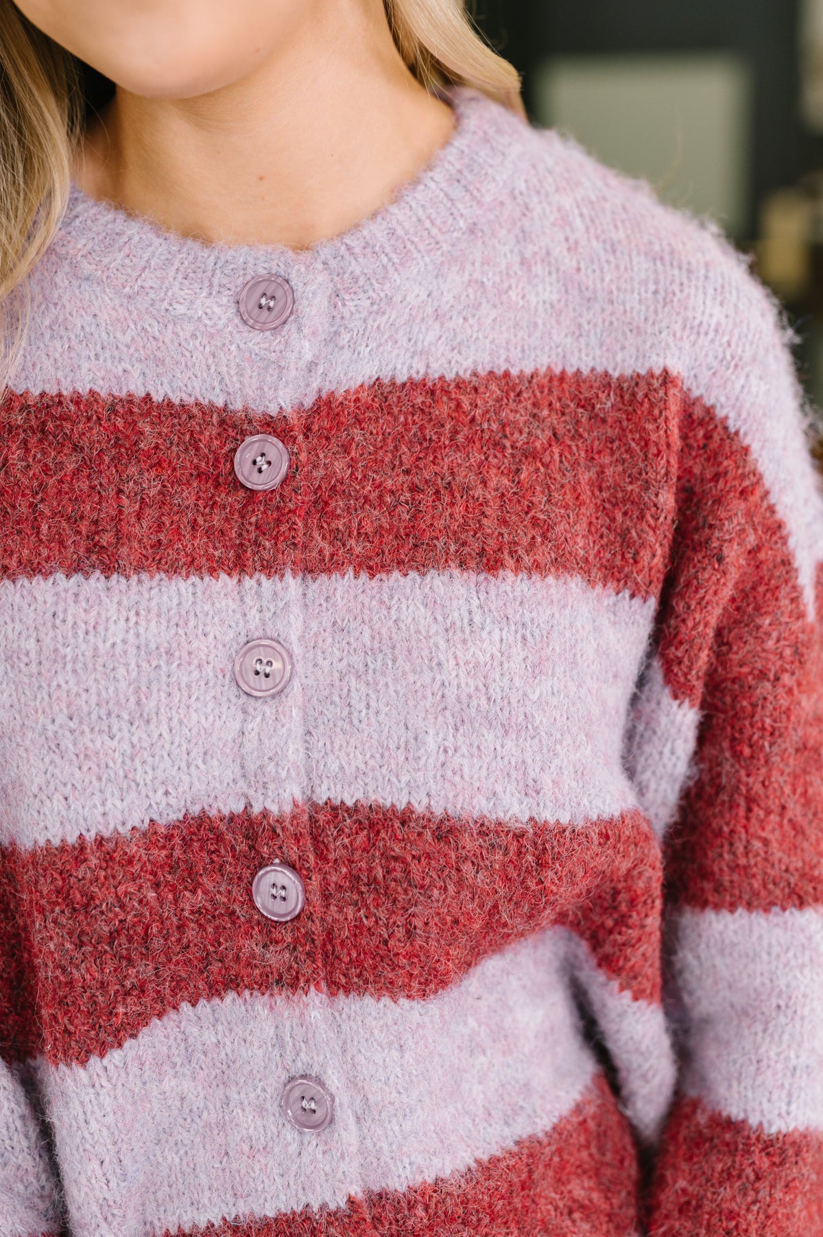 Cuddle Up Button Fuzzy Cardigan in Lilac and Berry