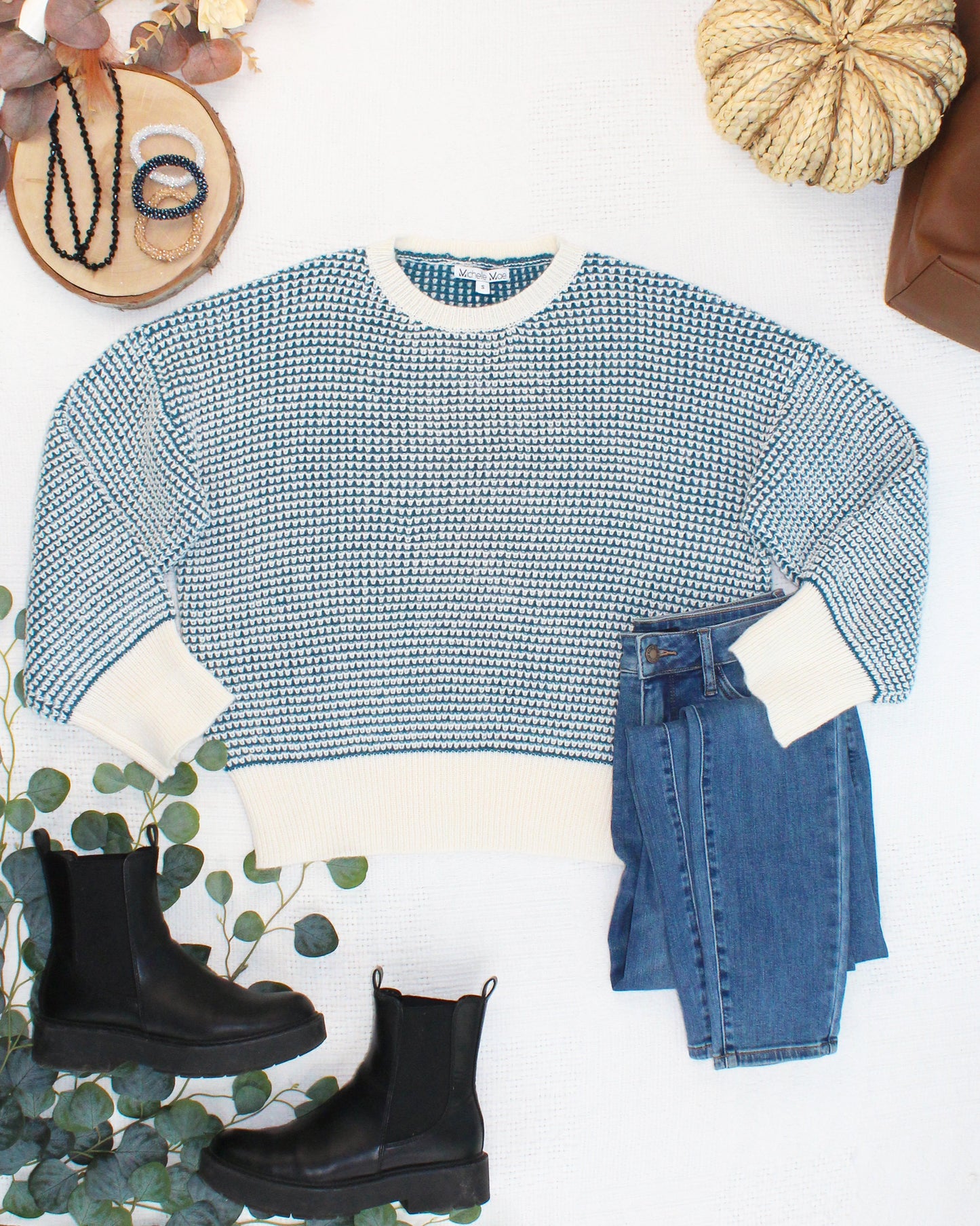 Michelle Mae Charlotte Sweater - Teal and Ivory