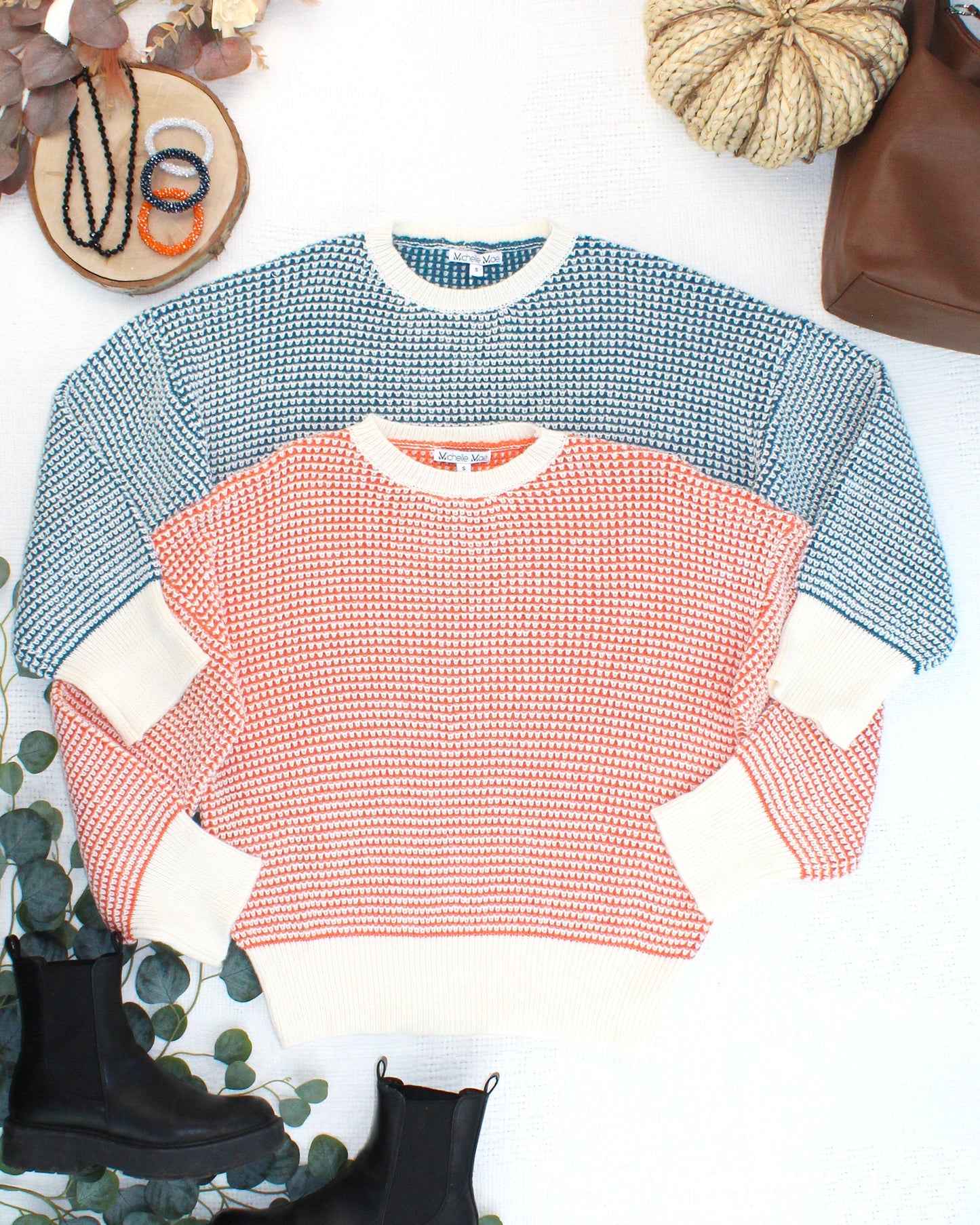 Michelle Mae Charlotte Sweater - Teal and Ivory