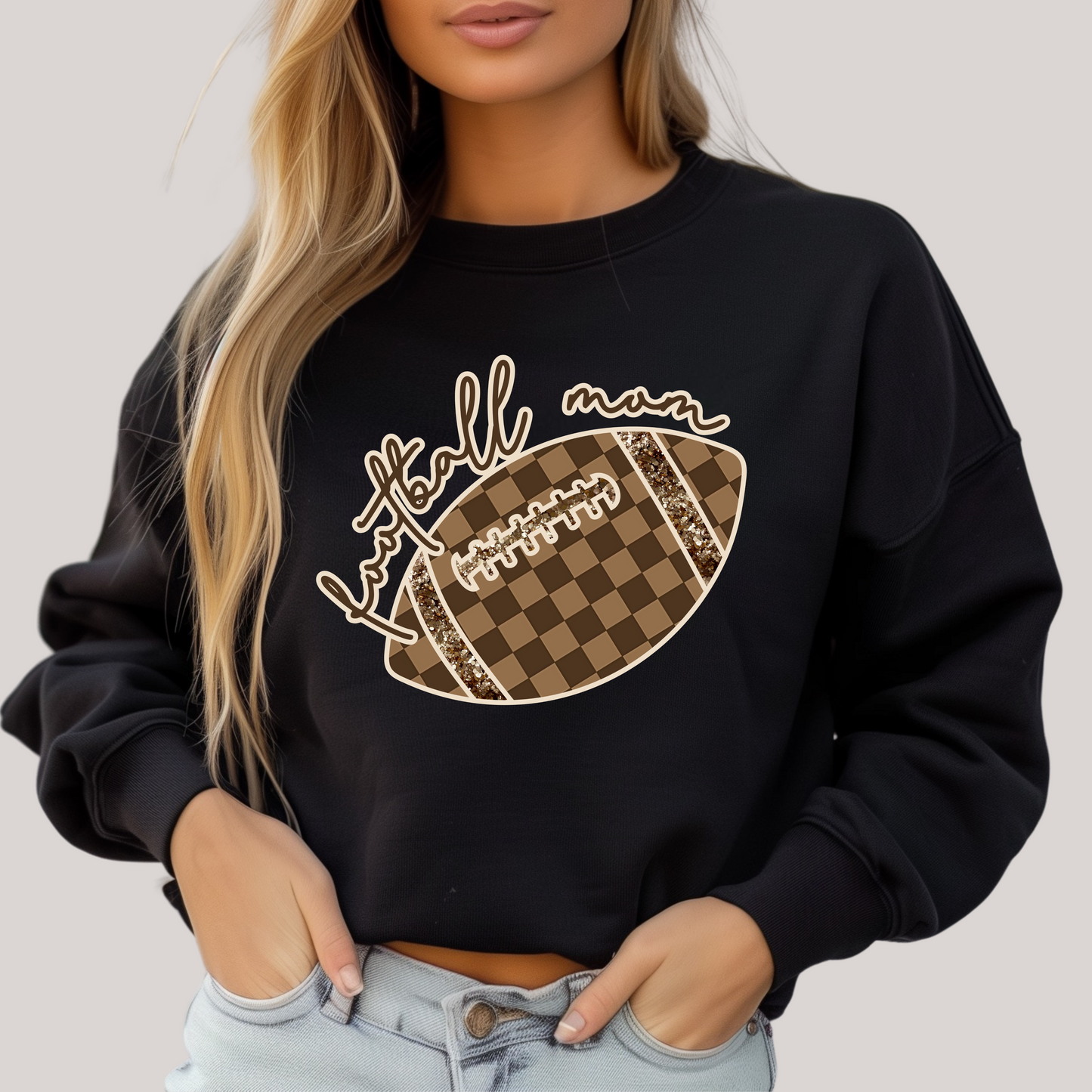 Check Football Mom in Black Sweatshirt