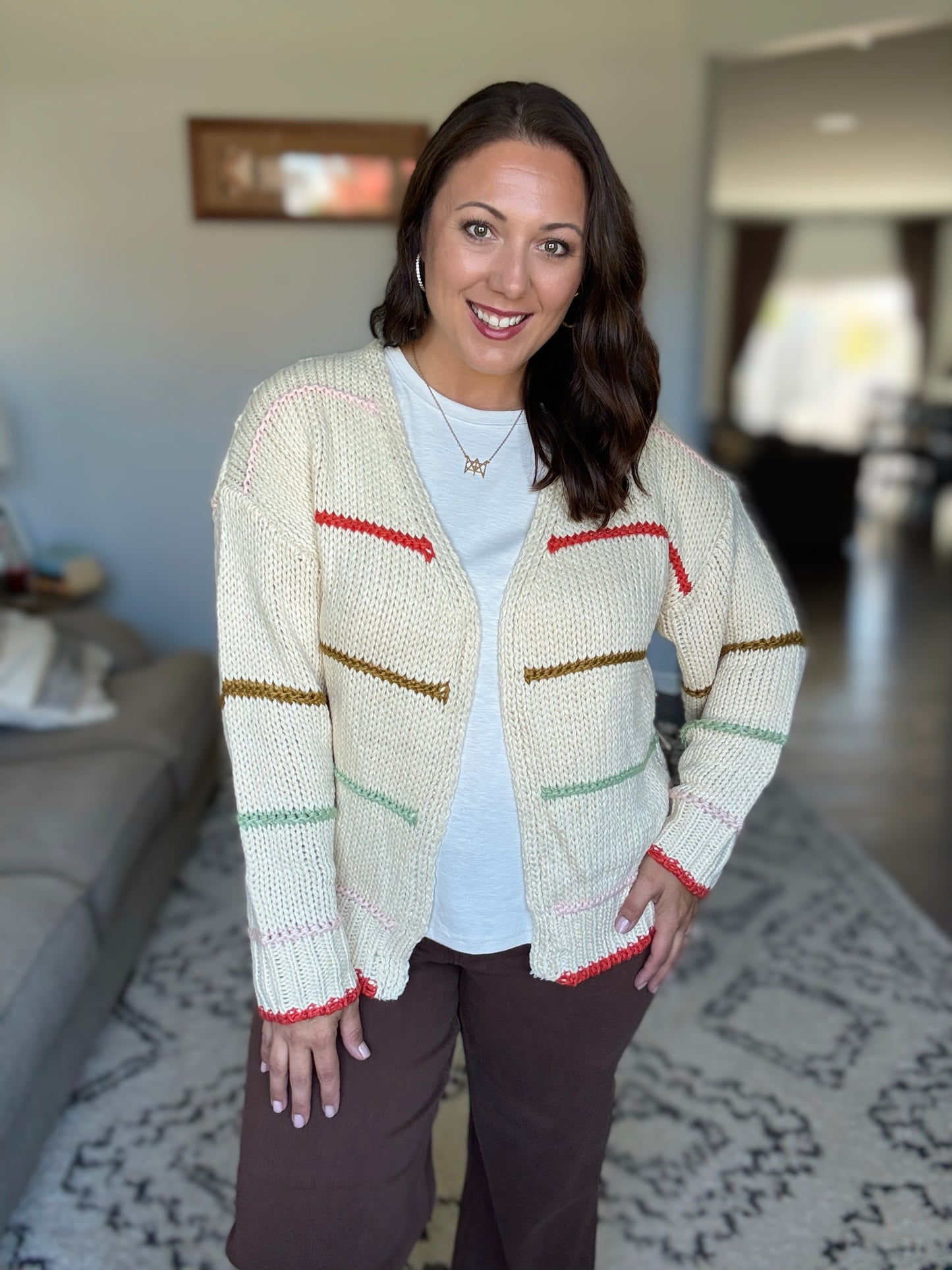 SO ME Chunky Knit Multi Stripe Open Front Cardigan
