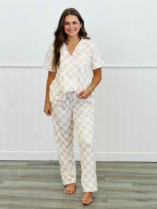 Shirley + Stone Short Sleeve Button Down Pants Pajamas in Neutral Check