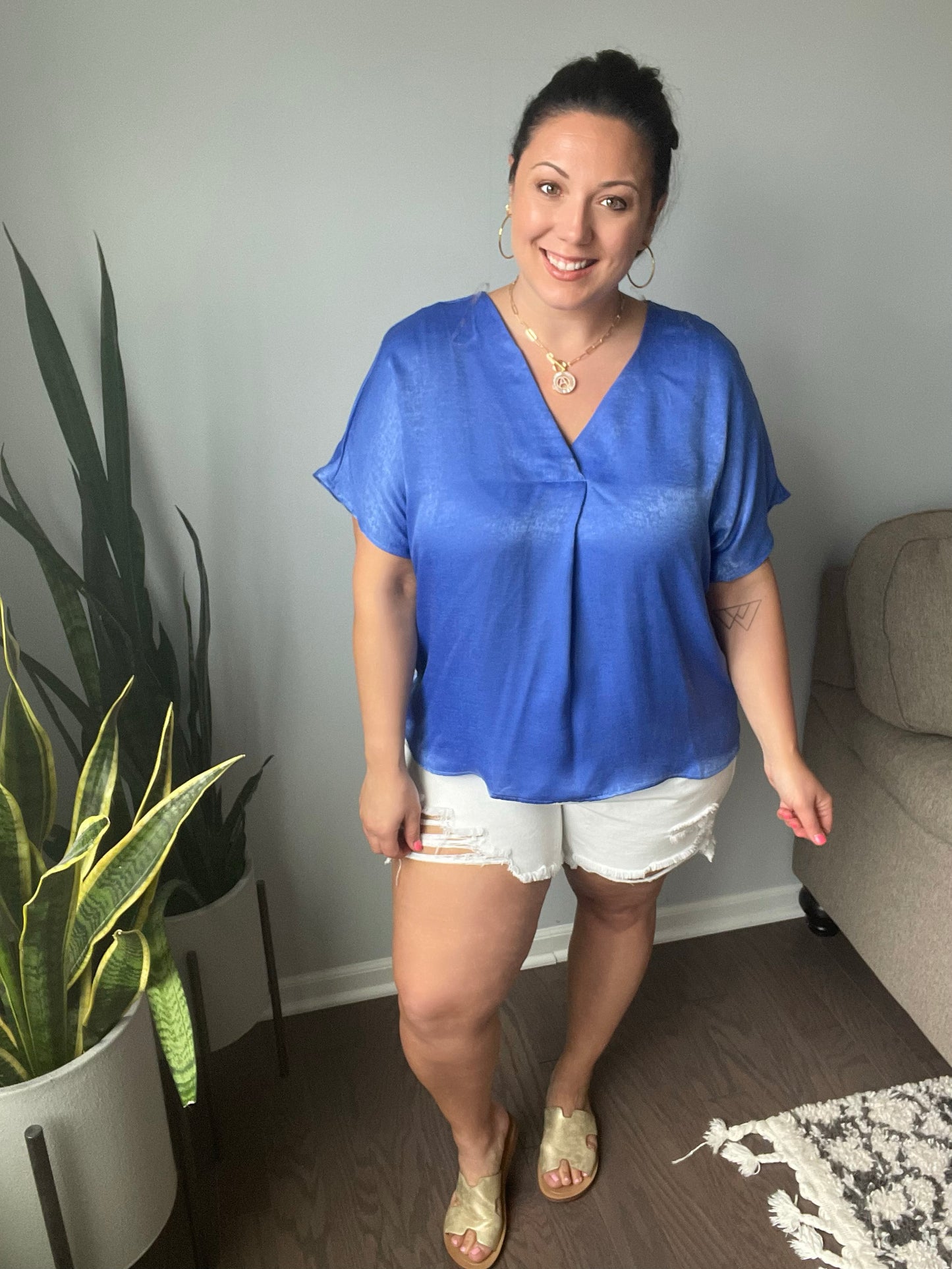 Pleat Front V-Neck Top in Royal Blue