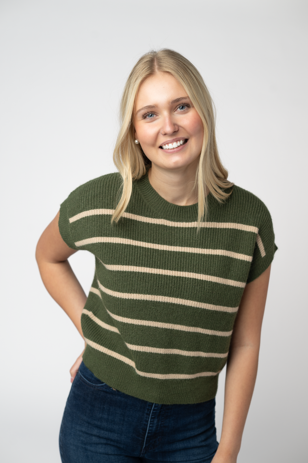 Michelle Mae Striped Sweater Top - Olive and Tan