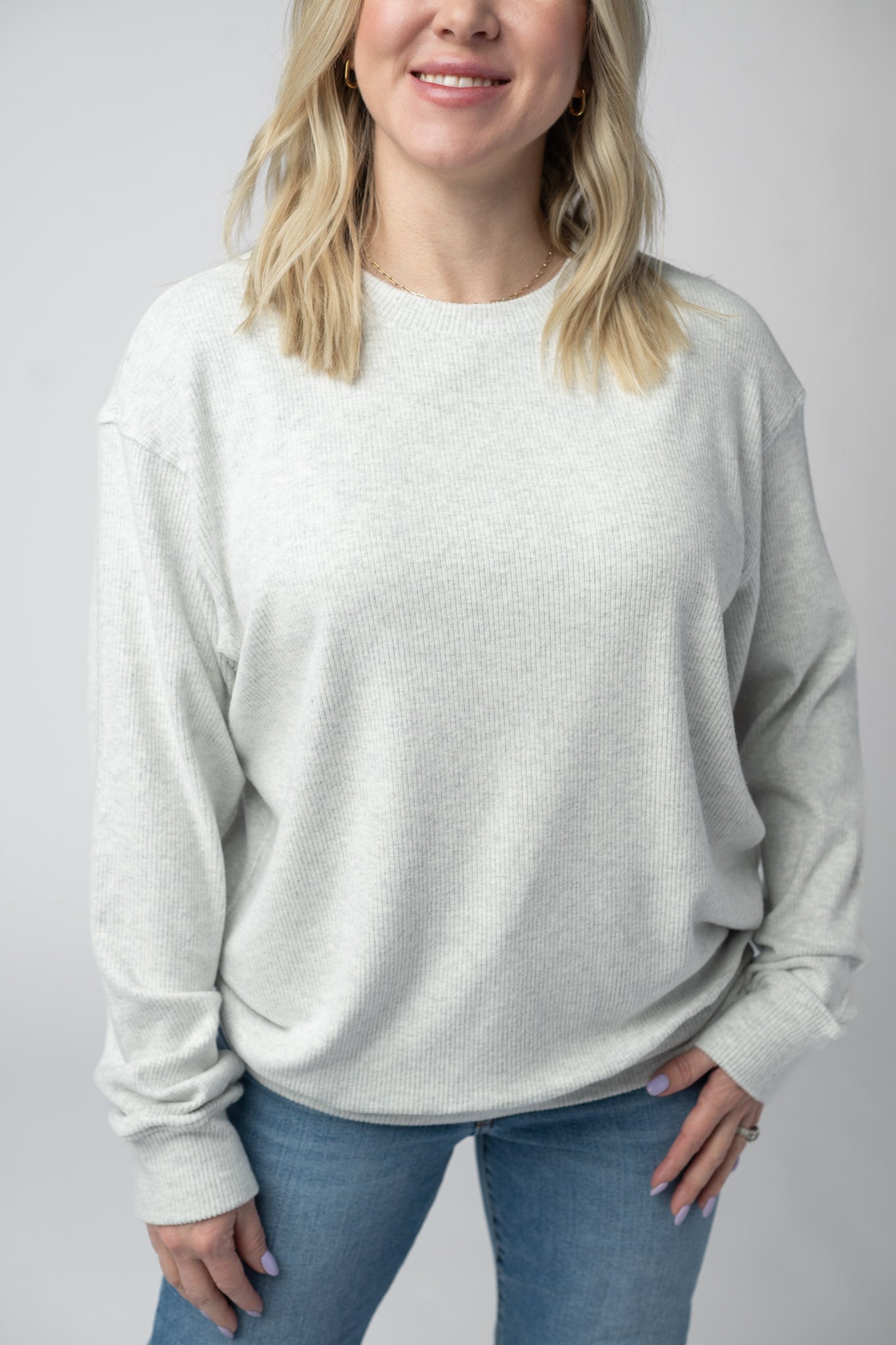 Michelle Mae Corrine Ribbed Pullover Top - Light Grey