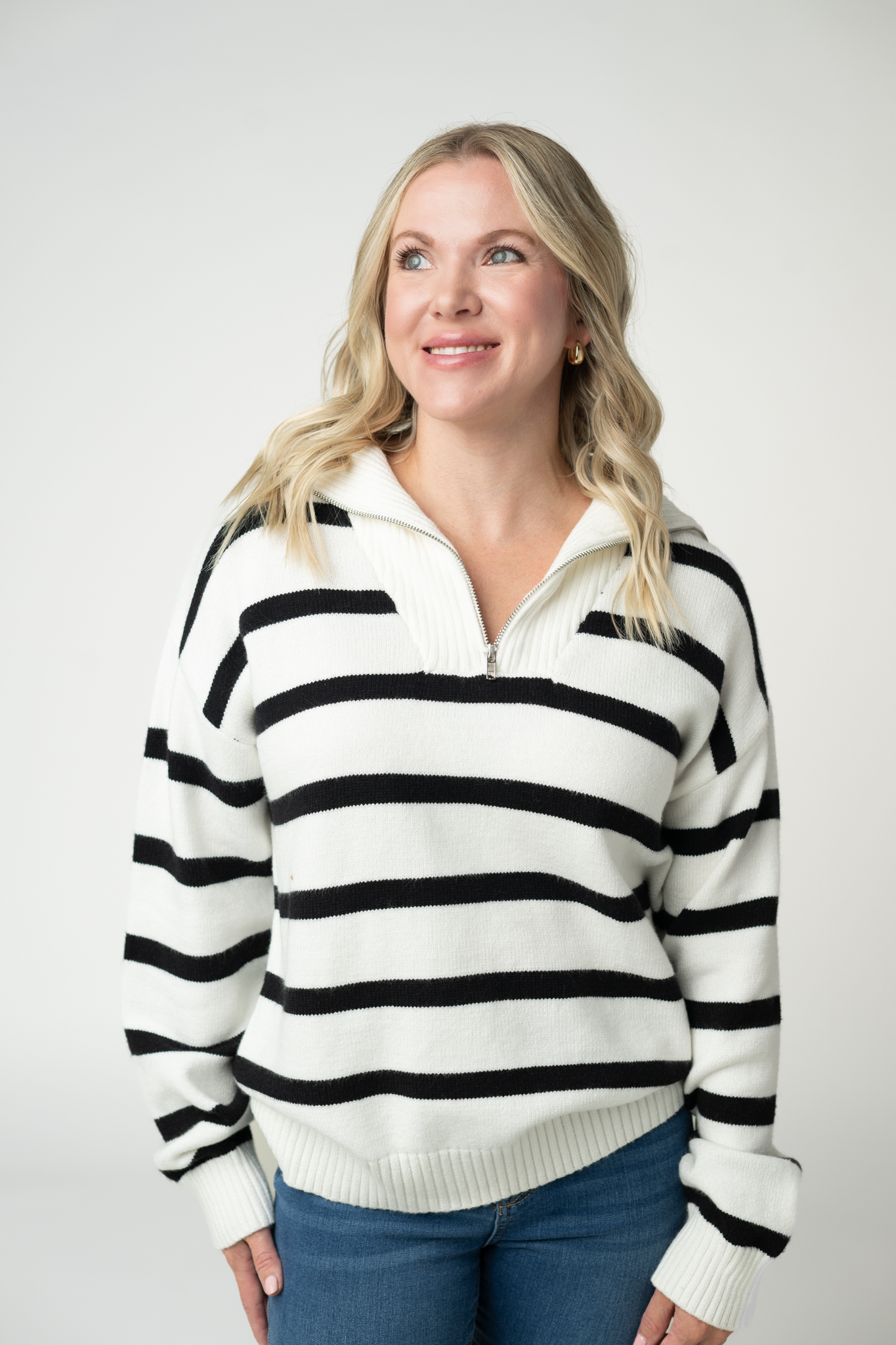 Michelle Mae Quarter Zip Striped Pullover - Black and White