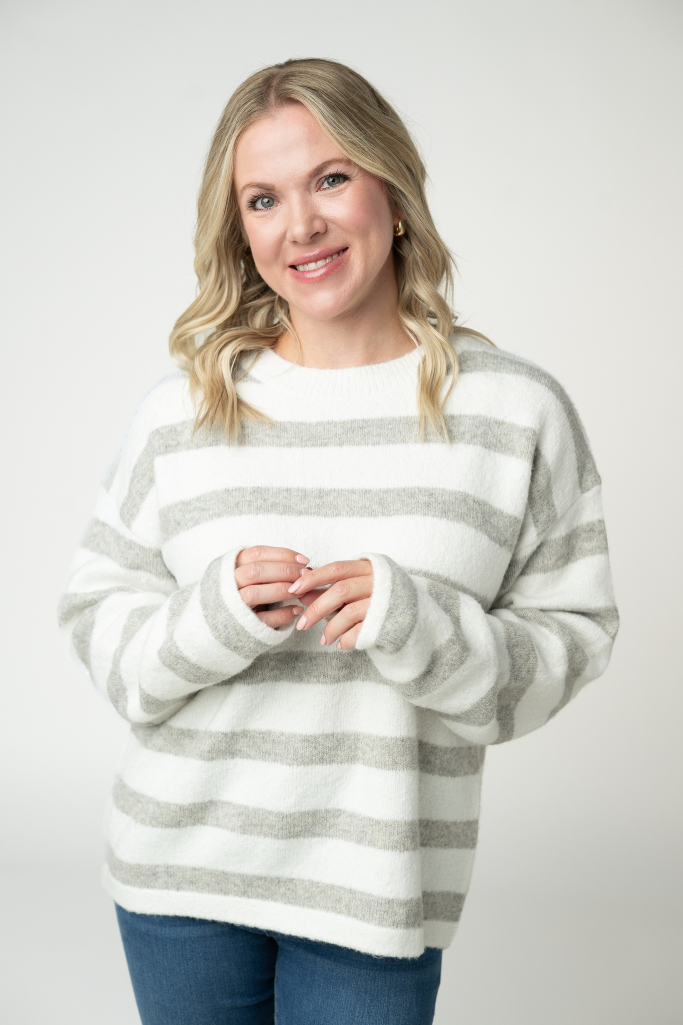 Michelle Mae Cozy Stripe Sweater - Grey and White