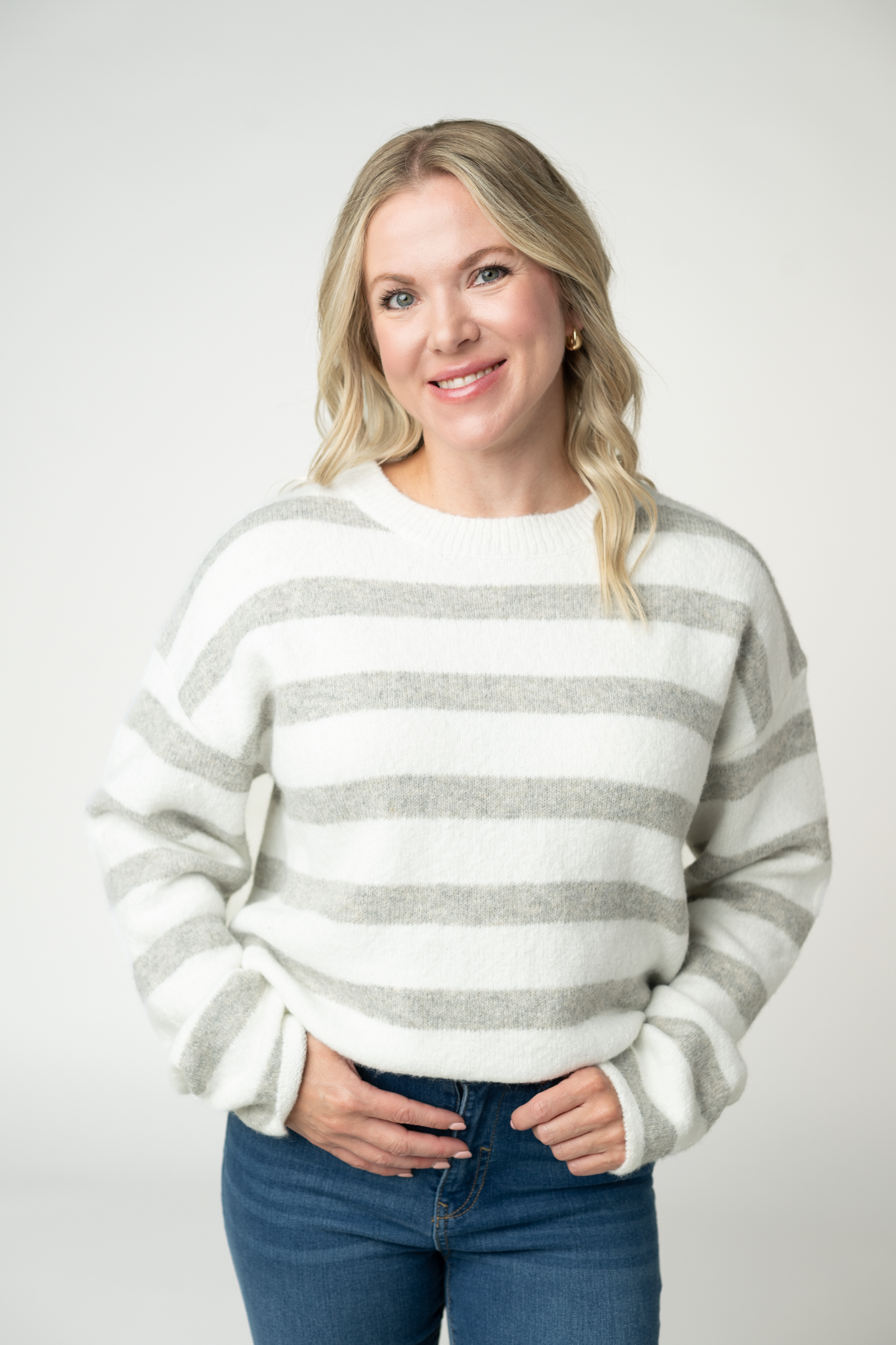 Michelle Mae Cozy Stripe Sweater - Grey and White