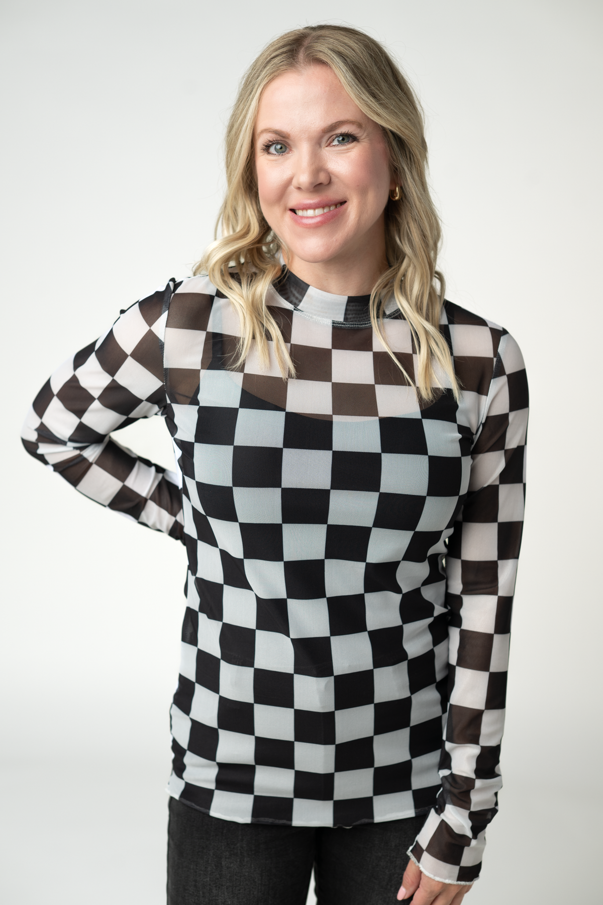Michelle Mae Blair Mesh Long Sleeve Top - Black and White Checkers