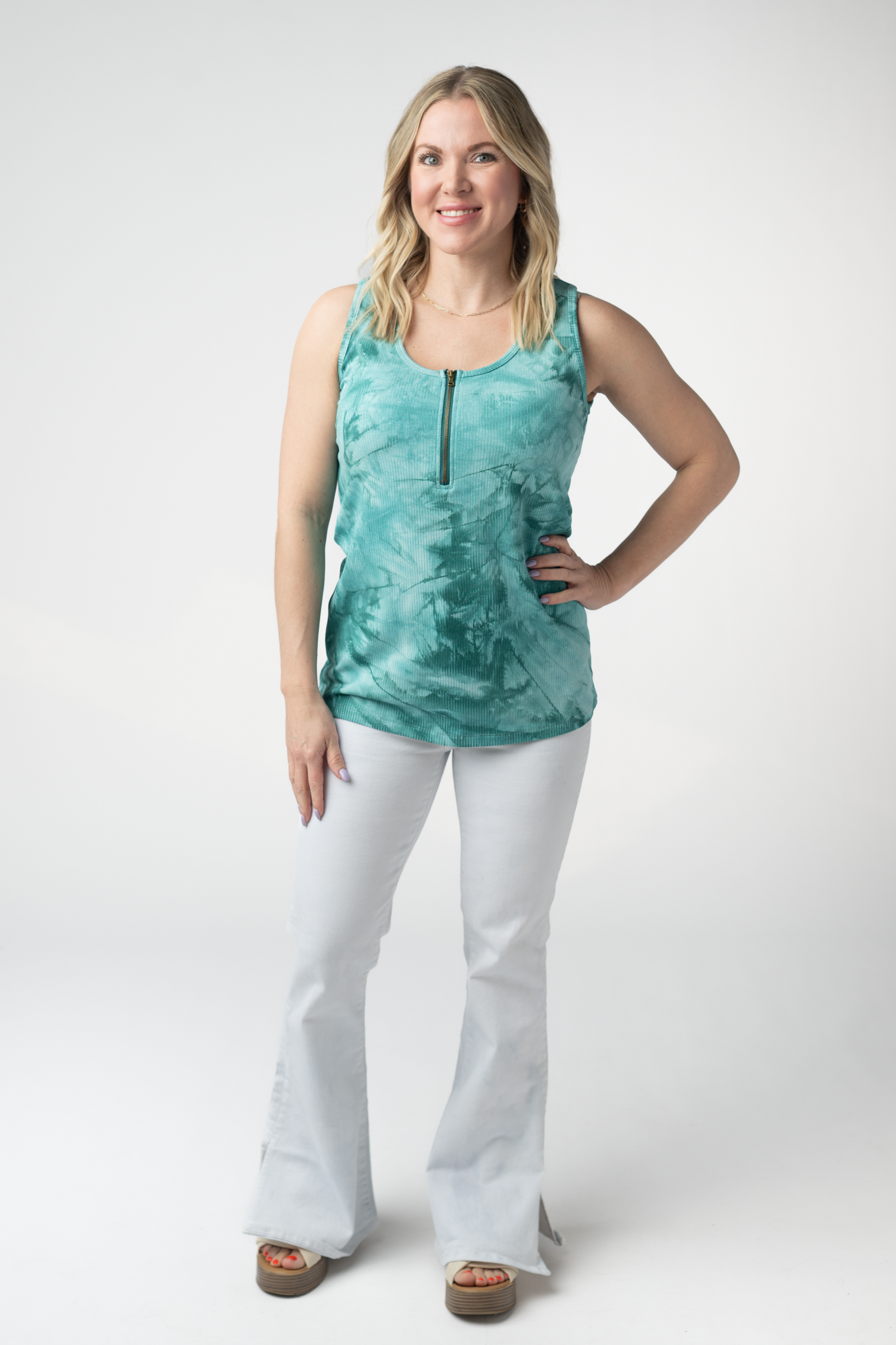 Michelle Mae Mila Zipper Tank - Teal Tie Dye