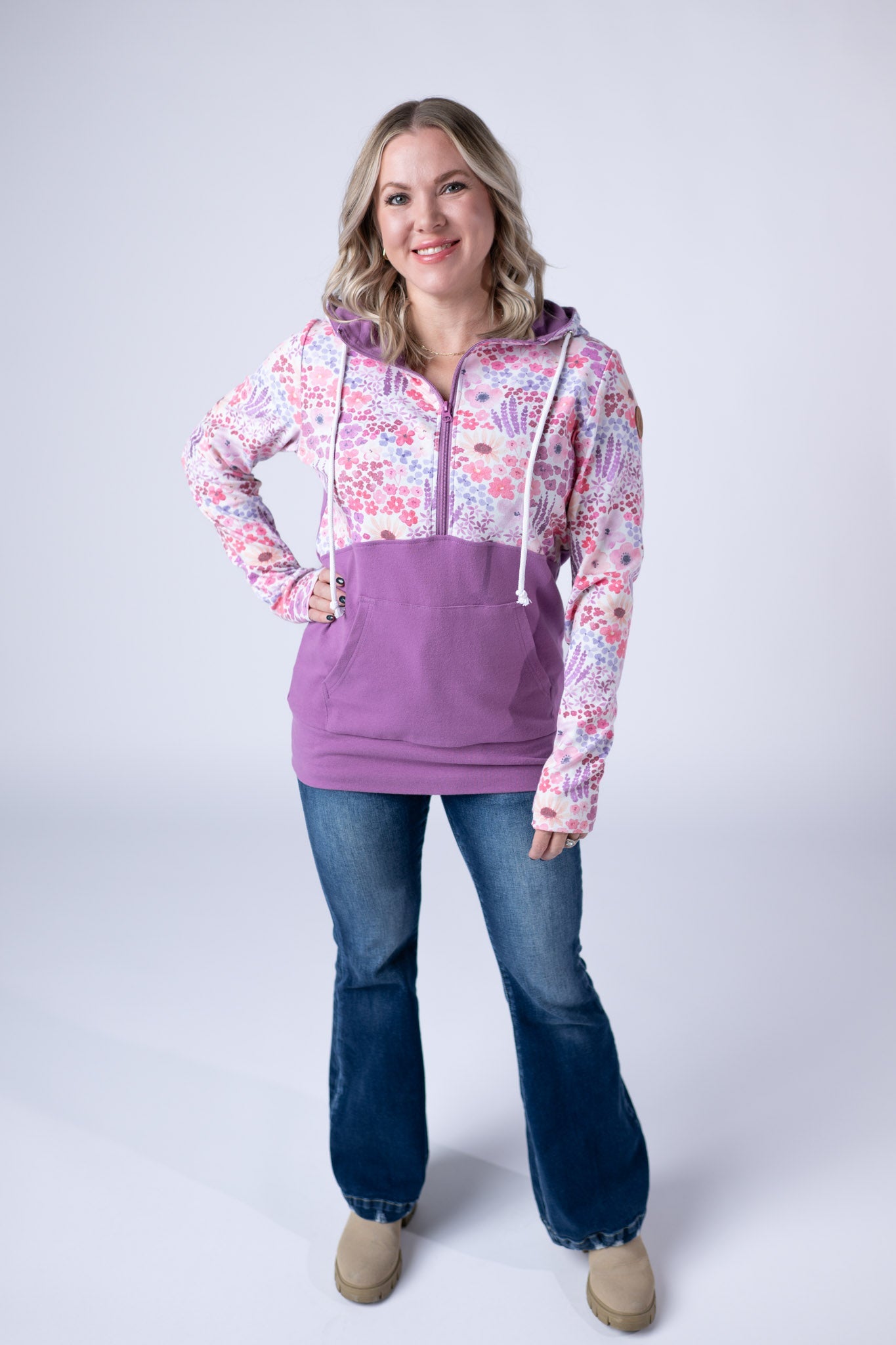 IN STOCK Halfzip Hoodie - Coral Sunset Floral and Mauve