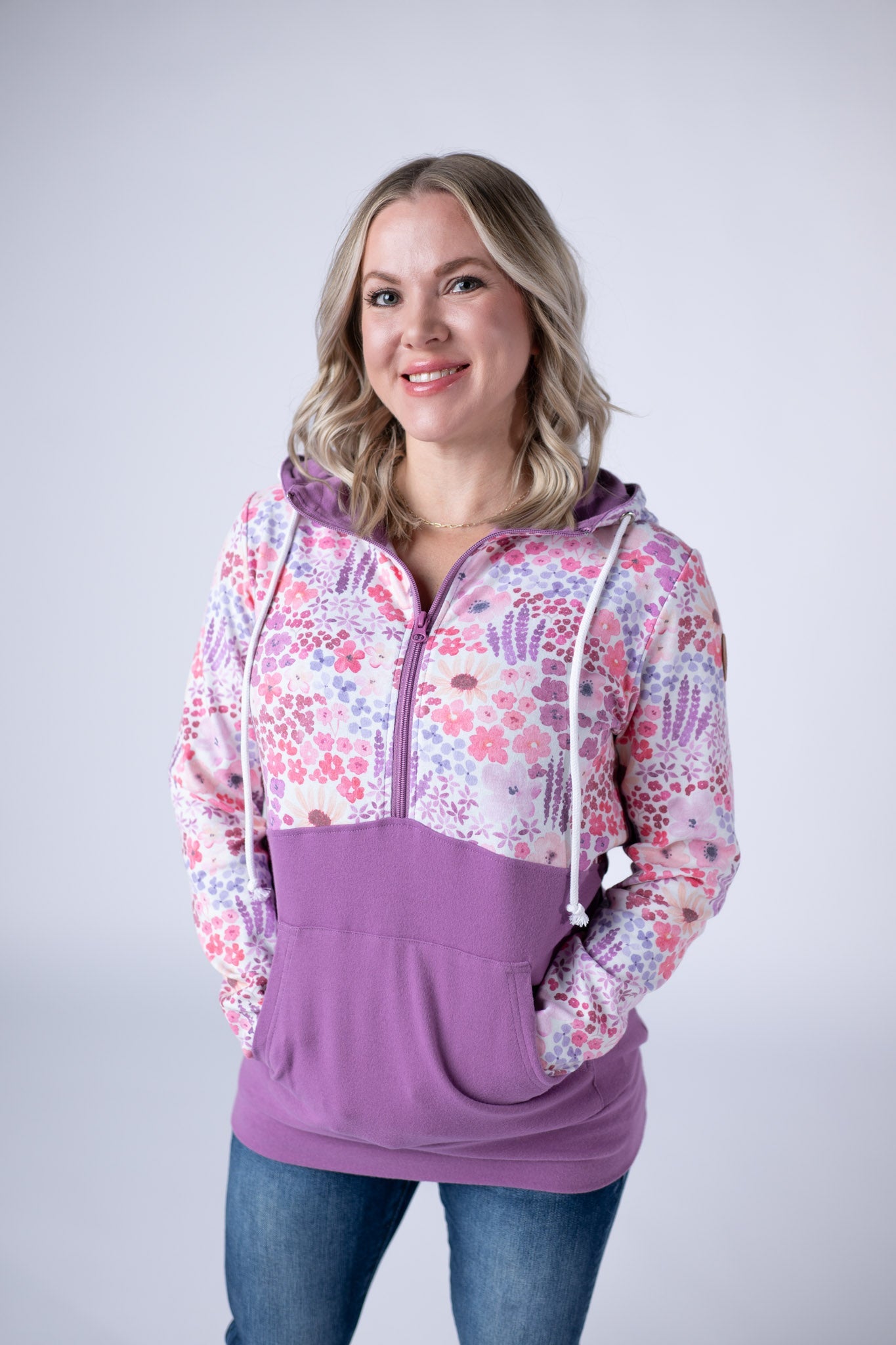 IN STOCK Halfzip Hoodie - Coral Sunset Floral and Mauve
