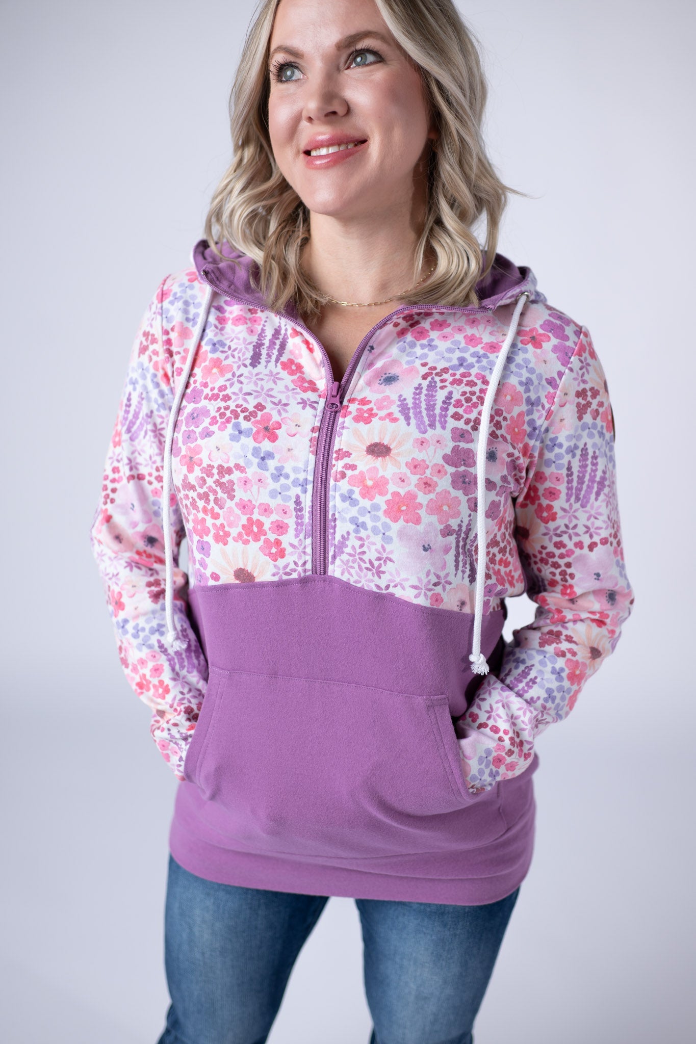 IN STOCK Halfzip Hoodie - Coral Sunset Floral and Mauve