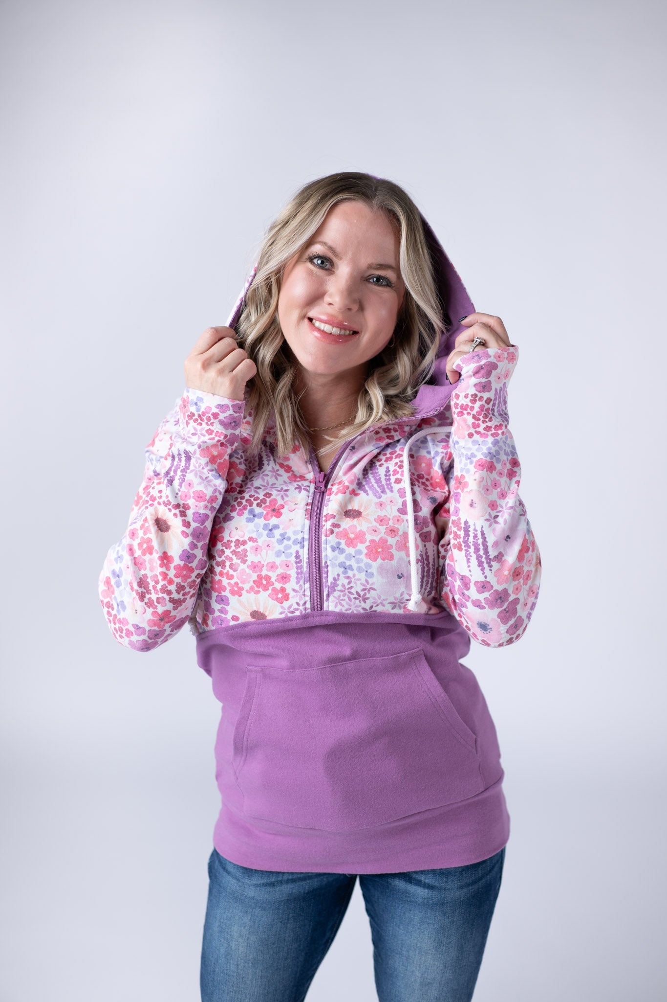 IN STOCK Halfzip Hoodie - Coral Sunset Floral and Mauve