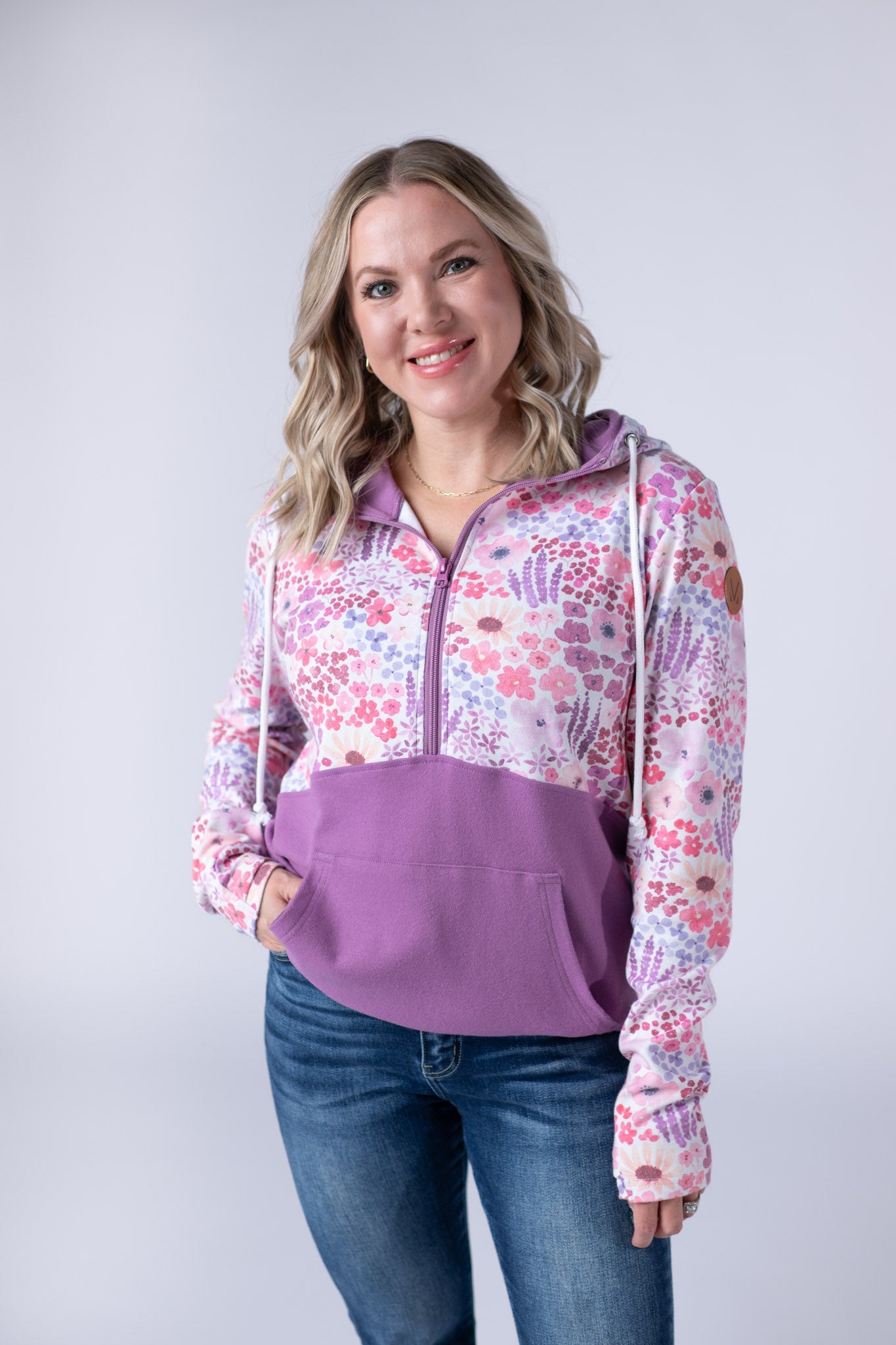 IN STOCK Halfzip Hoodie - Coral Sunset Floral and Mauve
