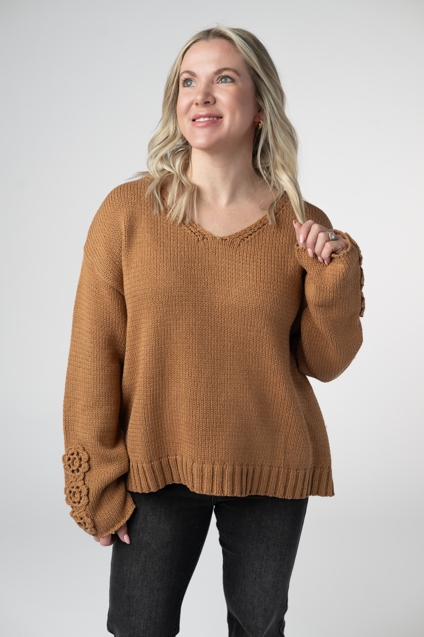Michelle Mae Crochet Sleeve Top - Camel