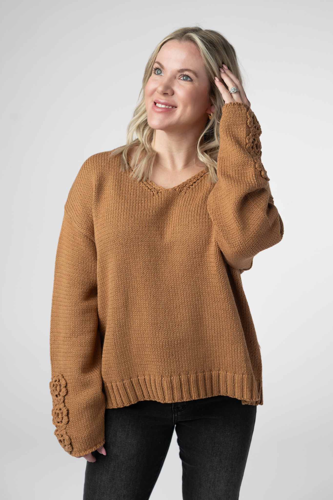 Michelle Mae Crochet Sleeve Top - Camel