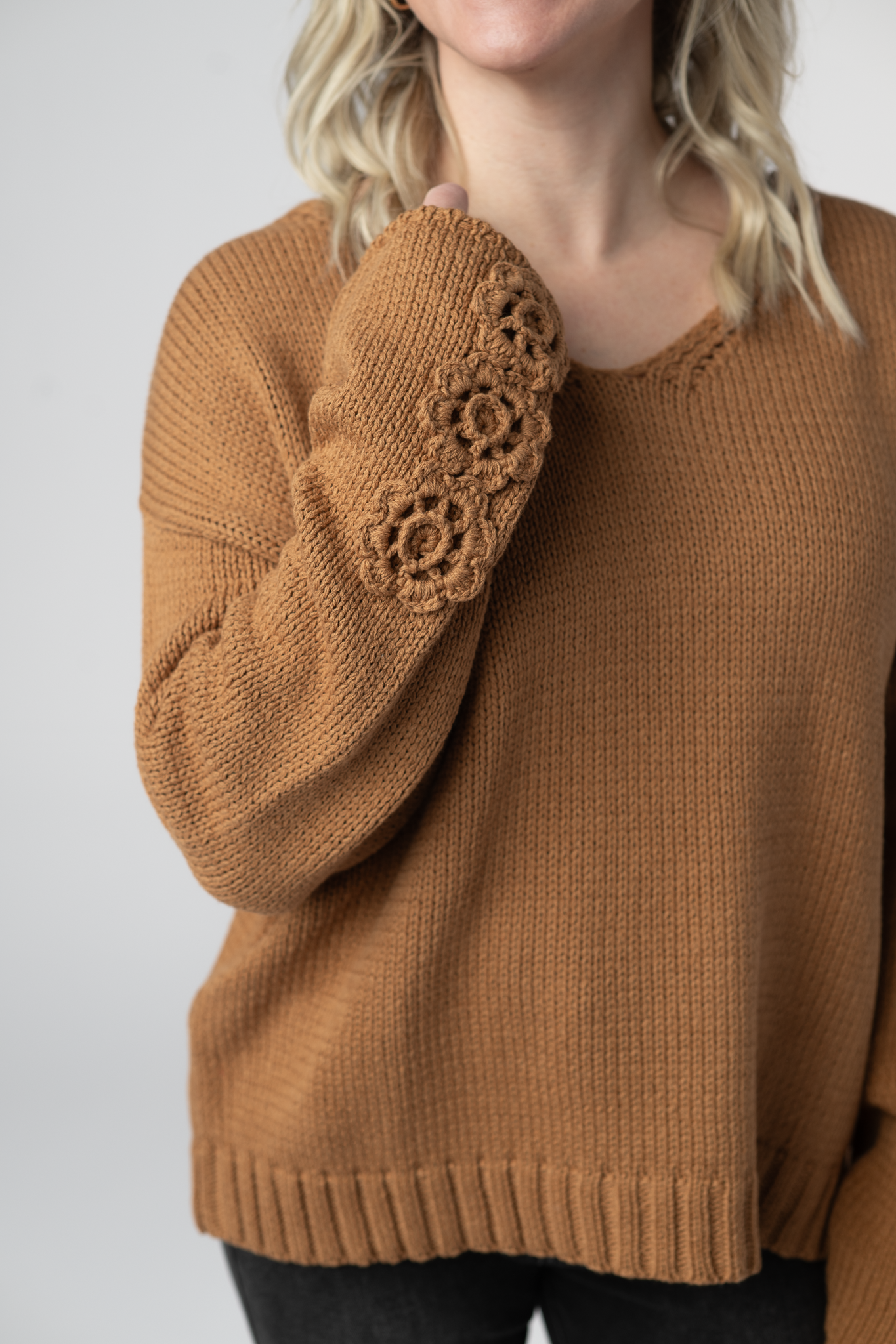 Michelle Mae Crochet Sleeve Top - Camel