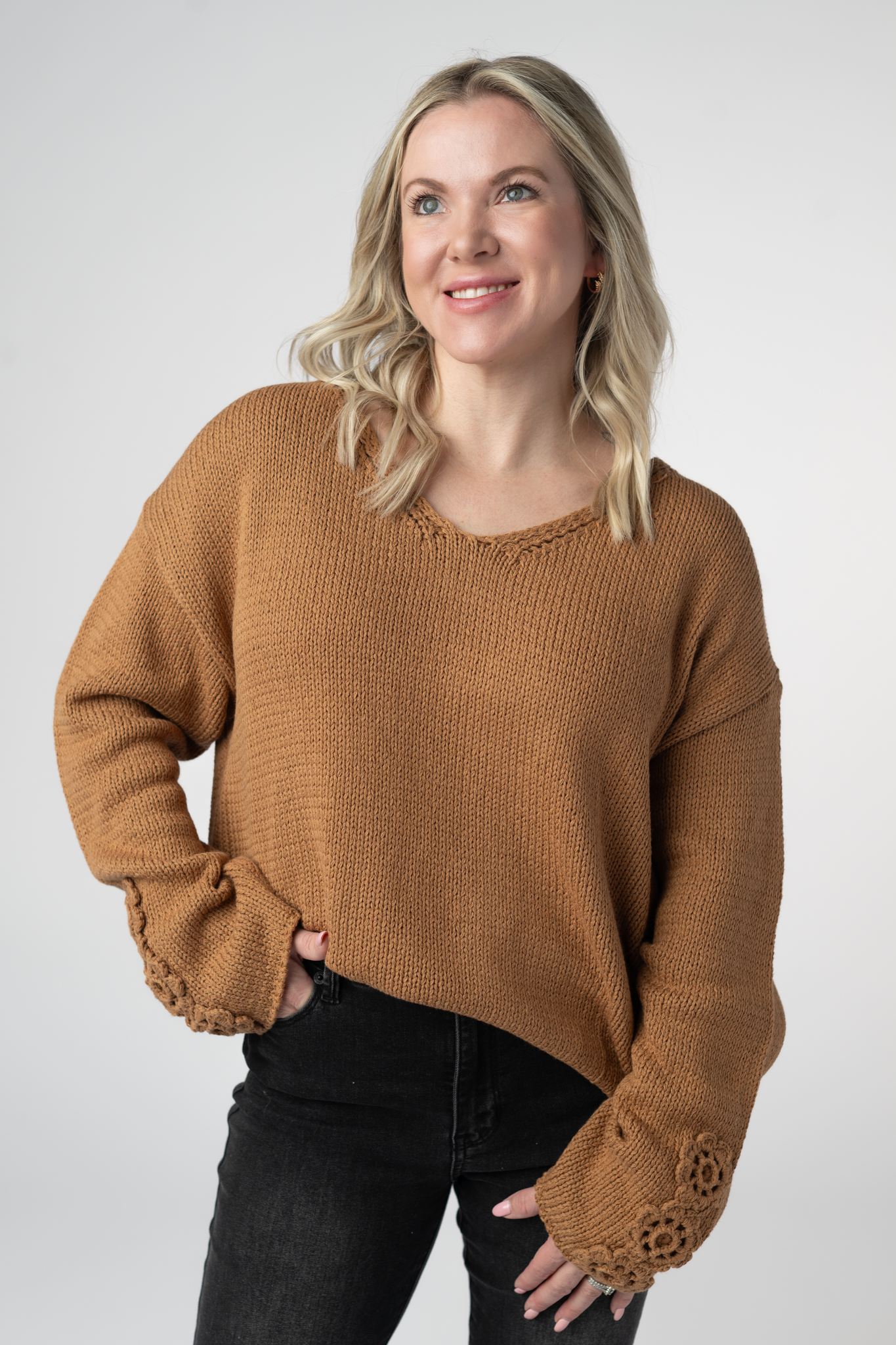 Michelle Mae Crochet Sleeve Top - Camel