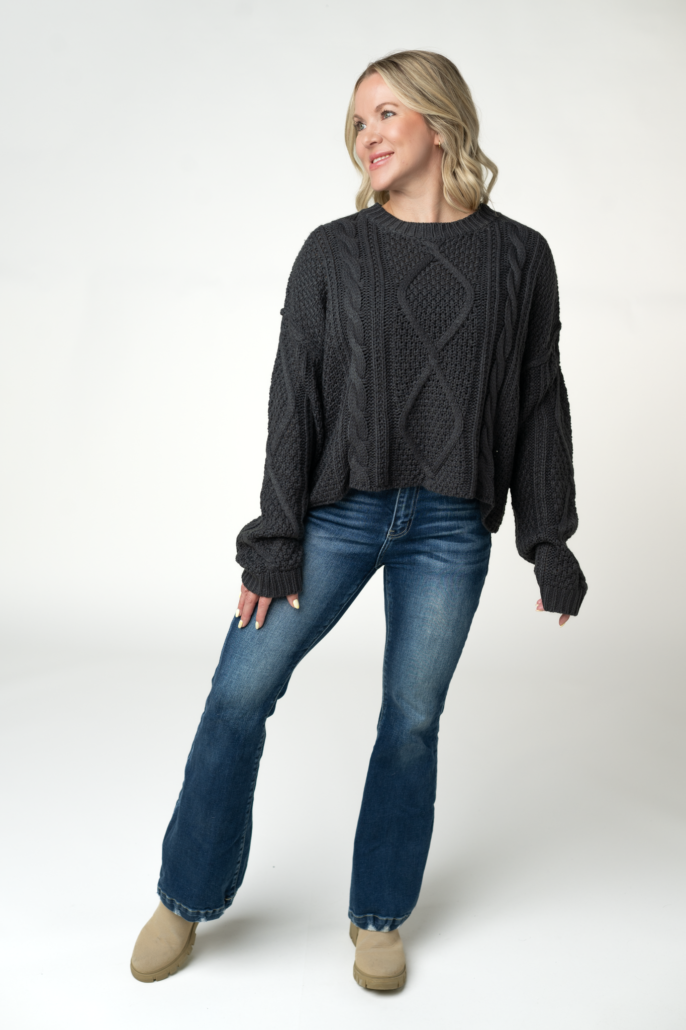 Michelle Mae Cable Knit Sweater - Charcoal