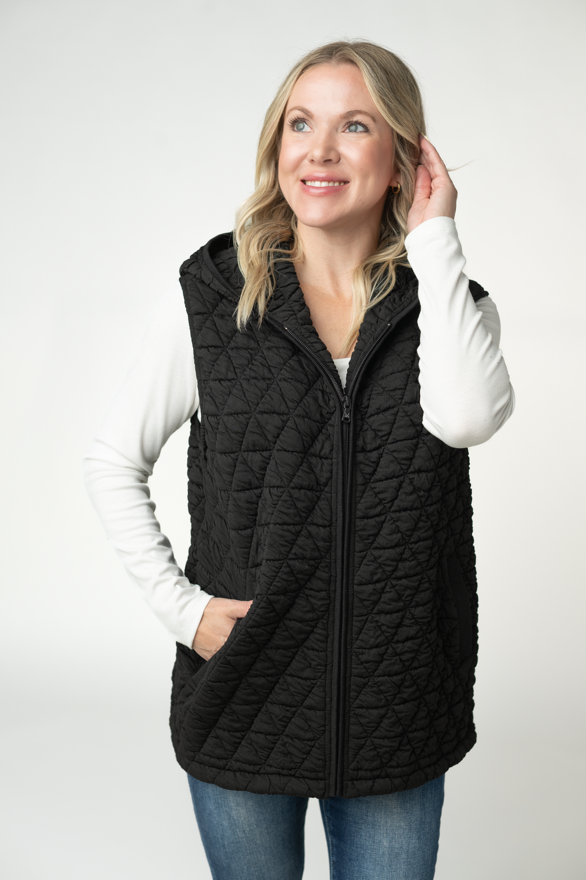Michelle Mae Heather Geometric Hooded Vest - Black