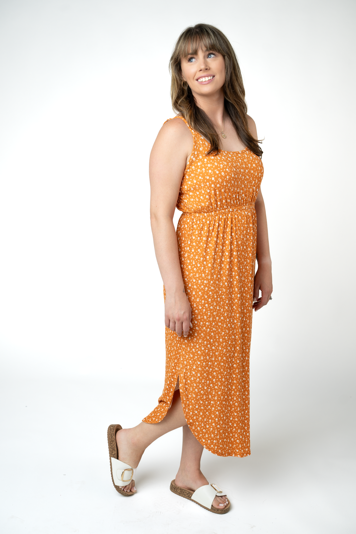 Michelle Mae Reagan Ribbed Midi Dress - Pumpkin Floral