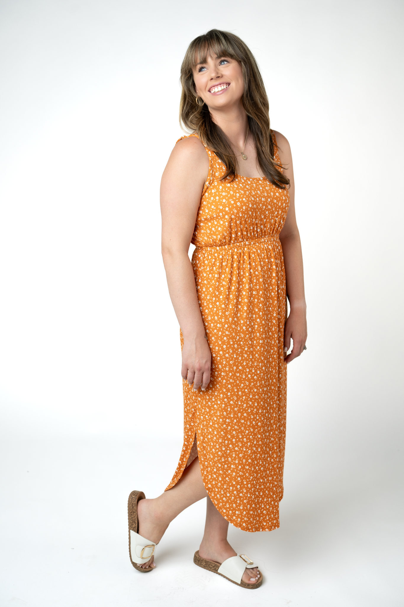 Michelle Mae Reagan Ribbed Midi Dress - Pumpkin Floral