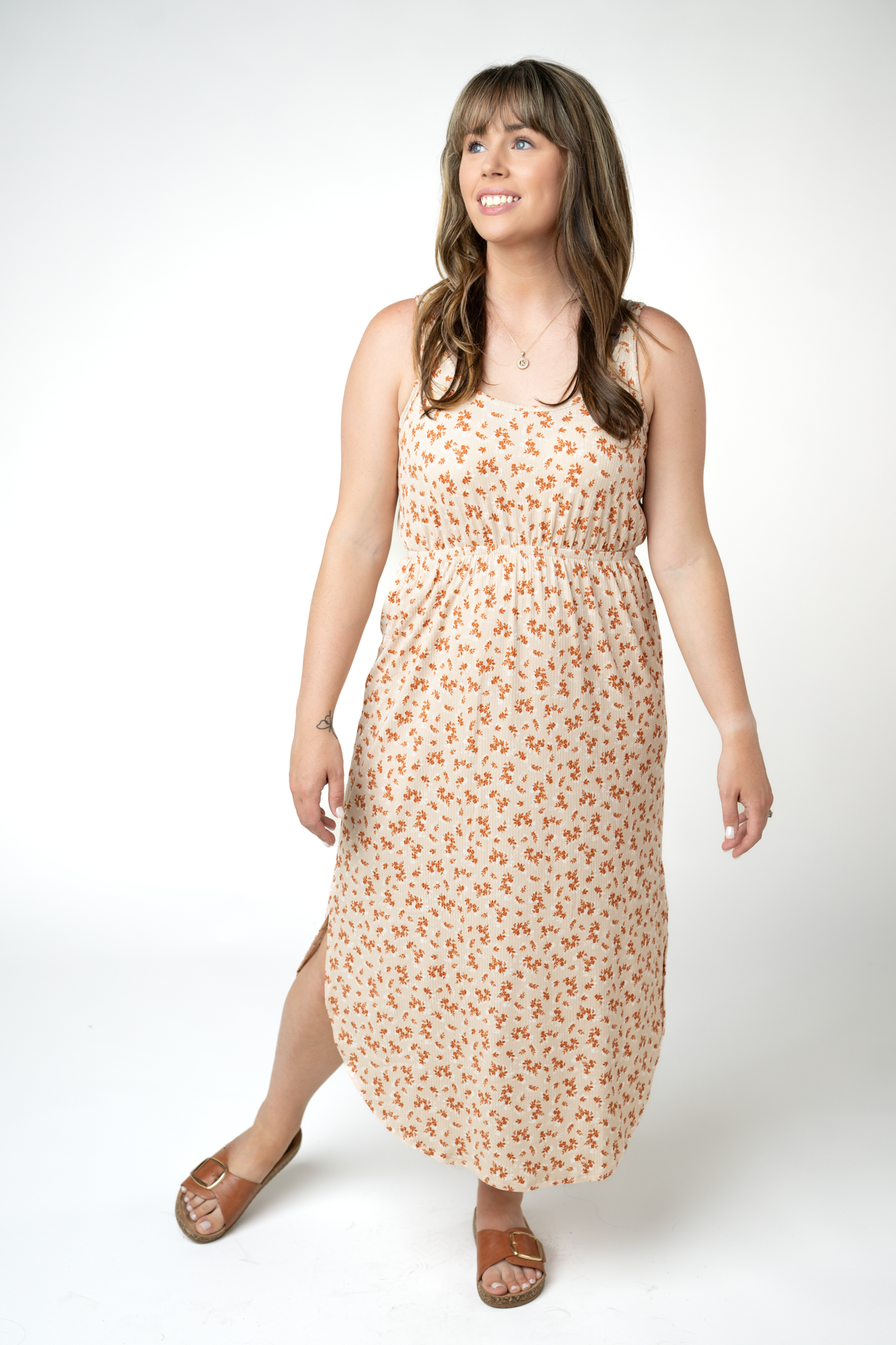 Michelle Mae Reagan Ribbed Midi Dress - Sand and Rust Floral