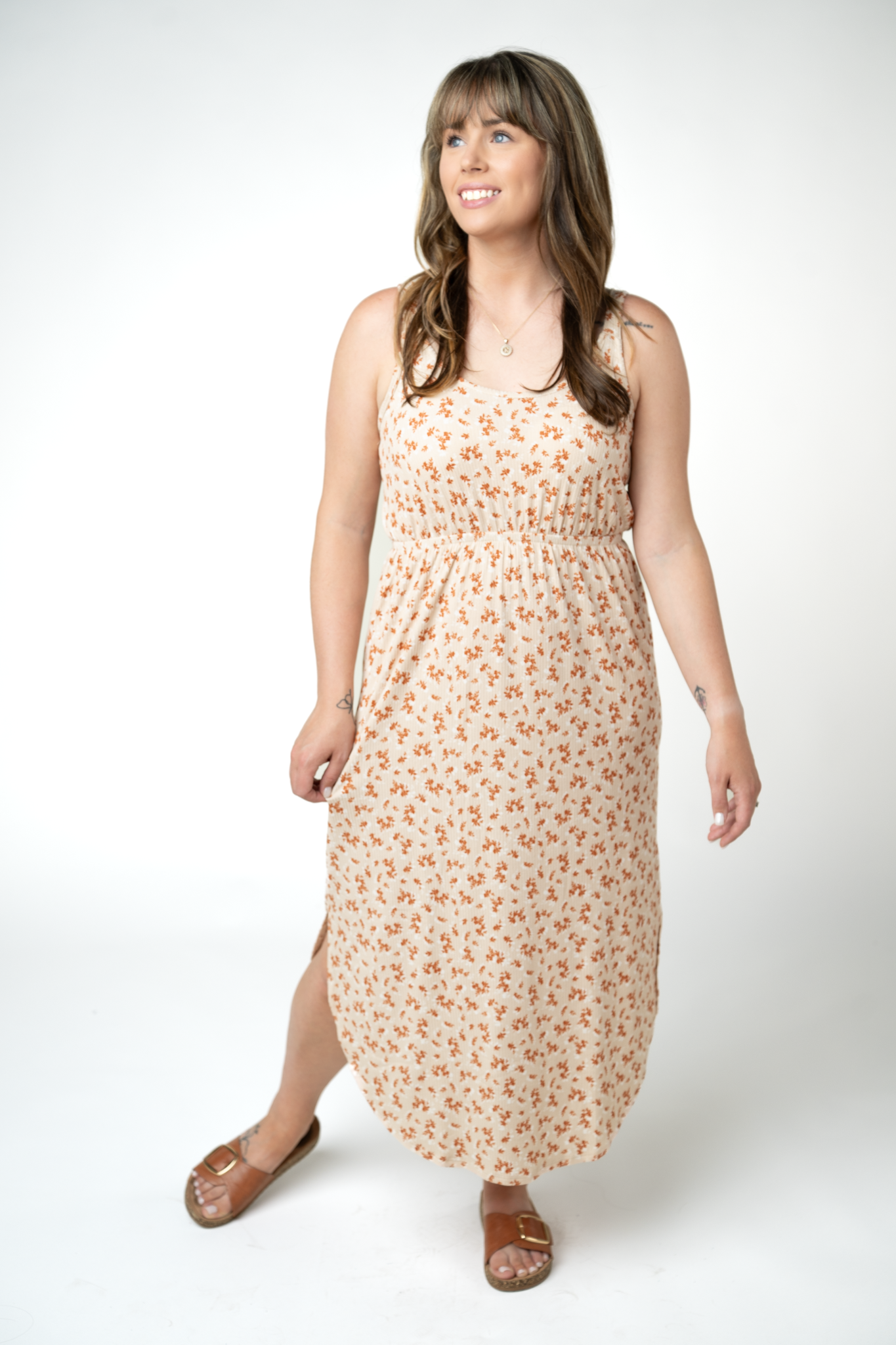 Michelle Mae Reagan Ribbed Midi Dress - Sand and Rust Floral