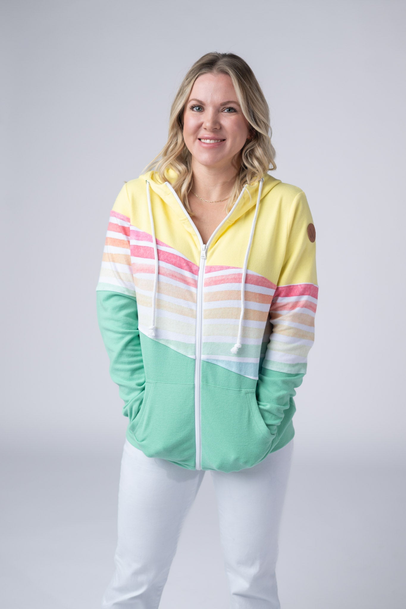 Michelle Mae Colorblock Fullzip - Yellow, Rainbow Stripes, and Lime