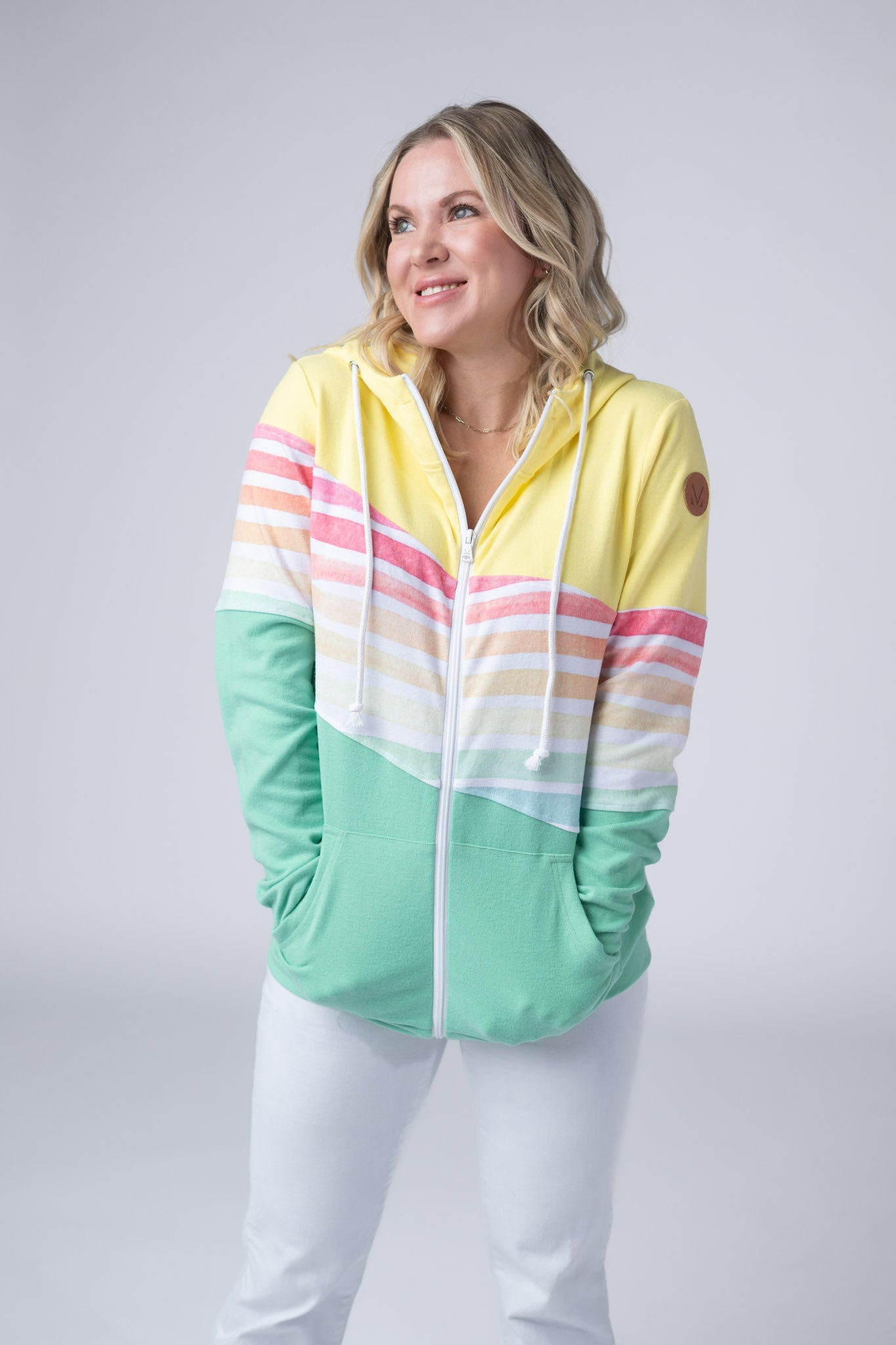 Michelle Mae Colorblock Fullzip - Yellow, Rainbow Stripes, and Lime