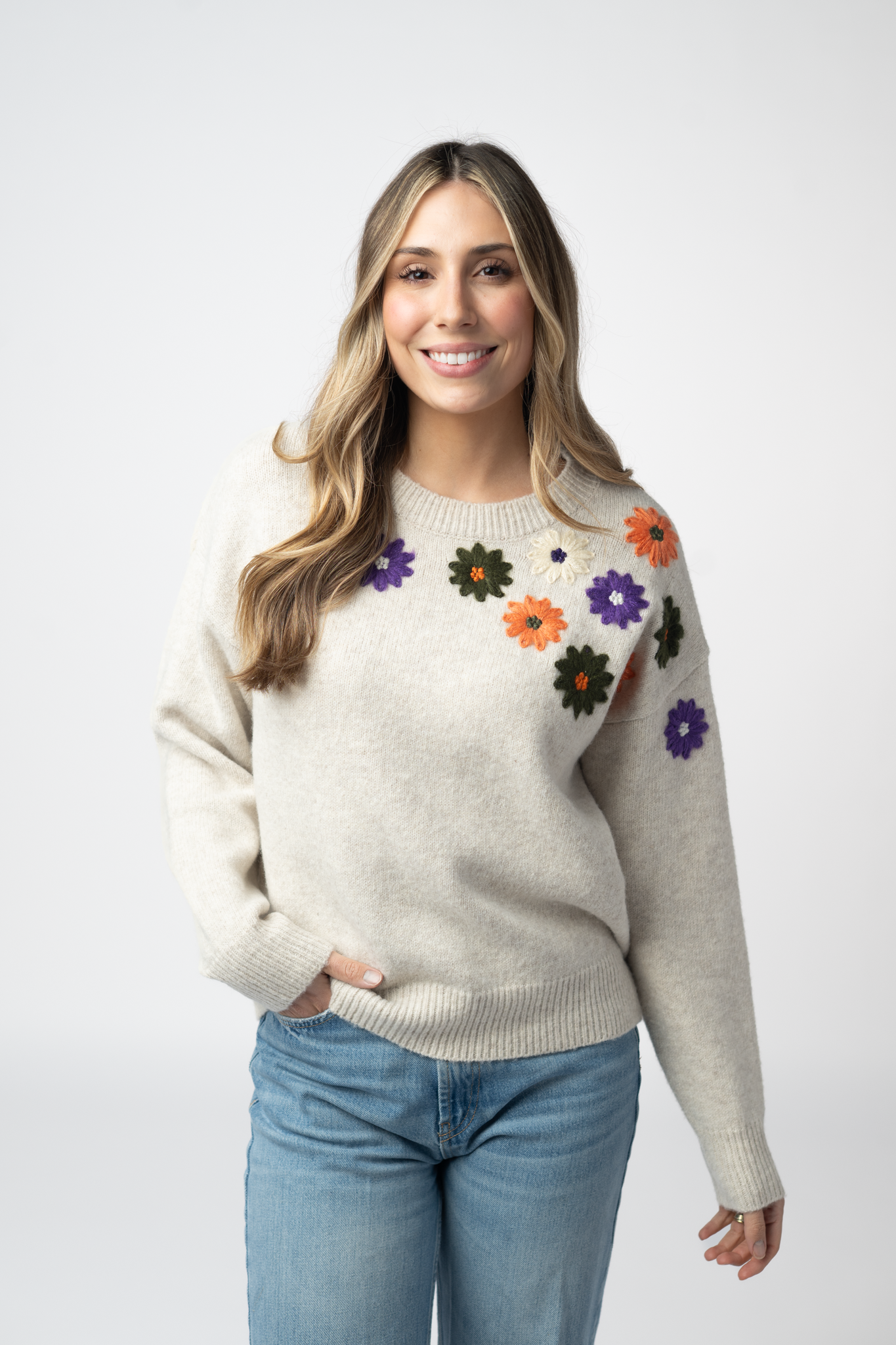 Michelle Mae Fall Floral Sweater - Beige
