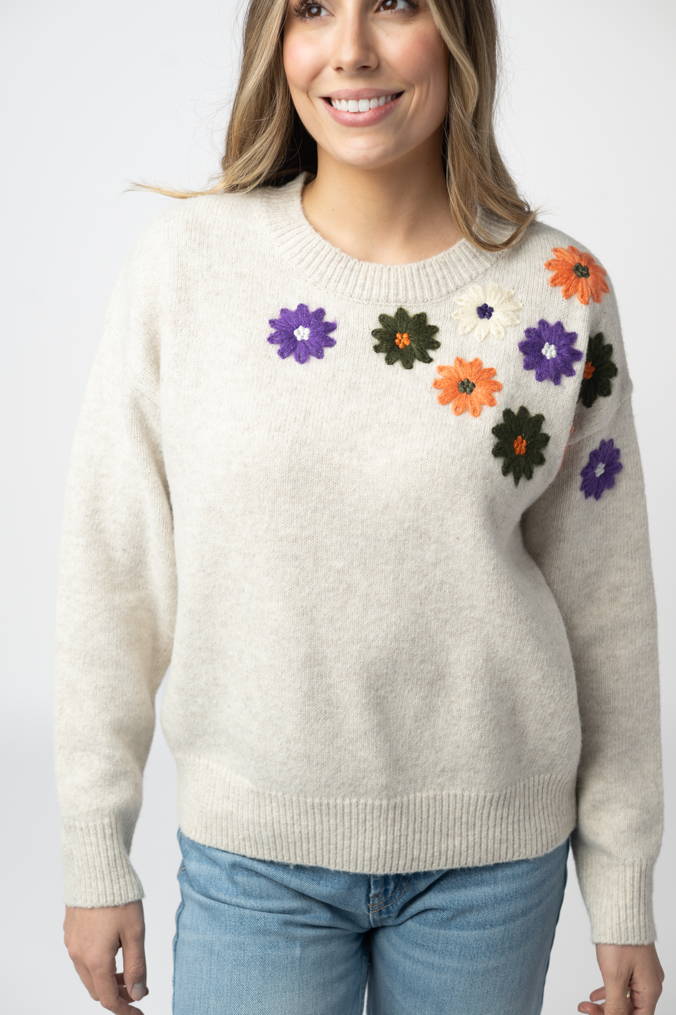 Michelle Mae Fall Floral Sweater - Beige