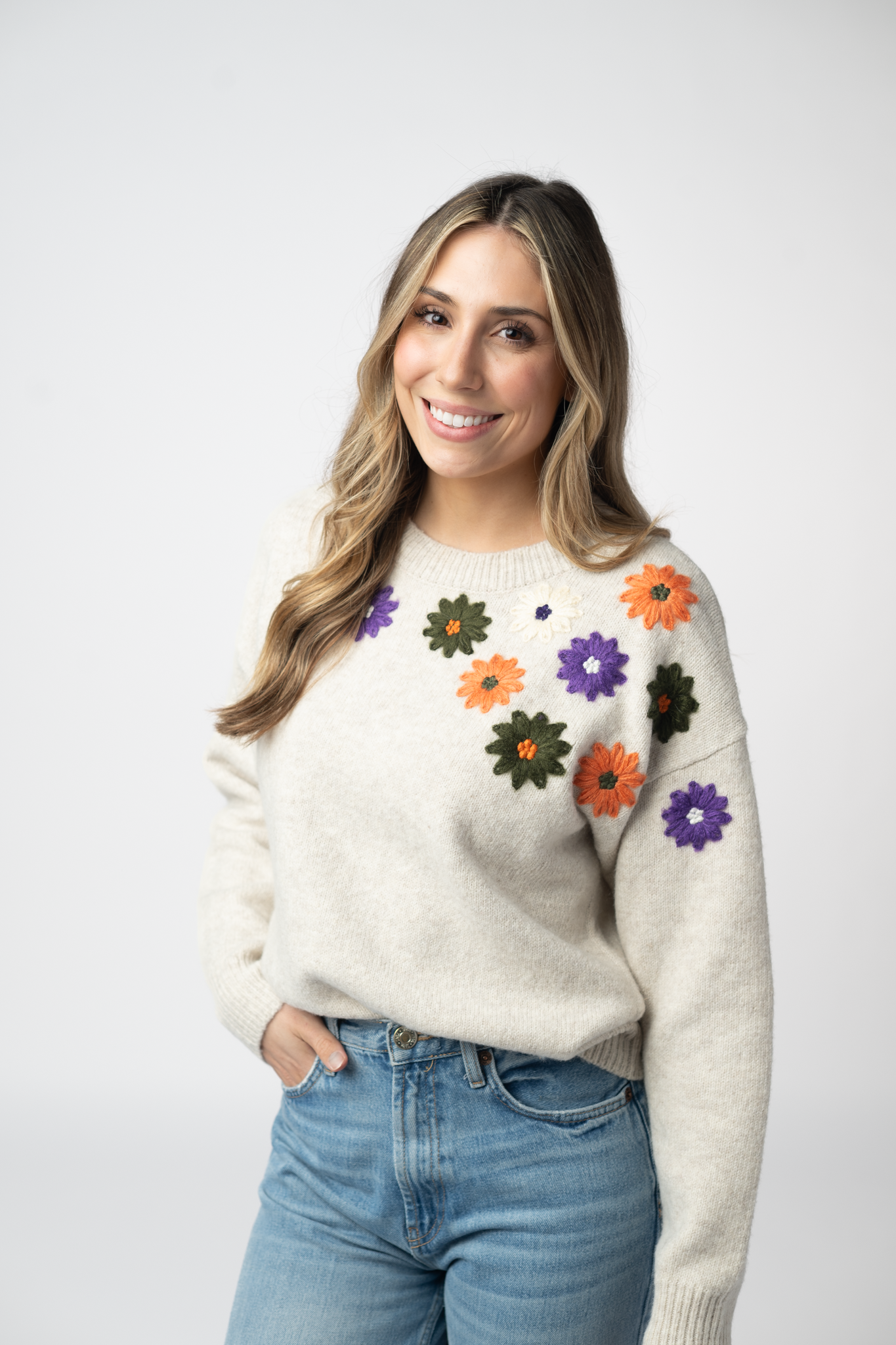 Michelle Mae Fall Floral Sweater - Beige