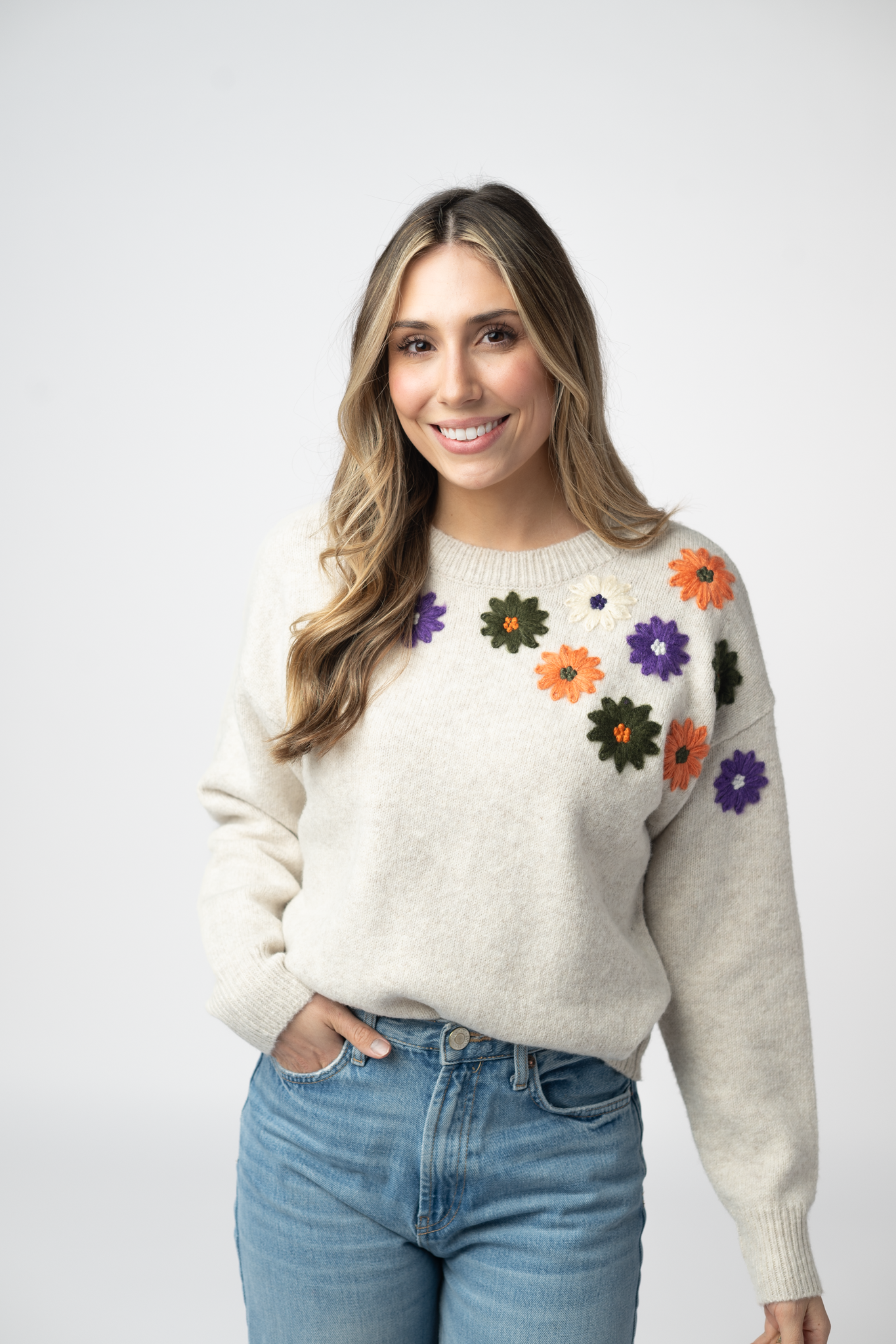 Michelle Mae Fall Floral Sweater - Beige