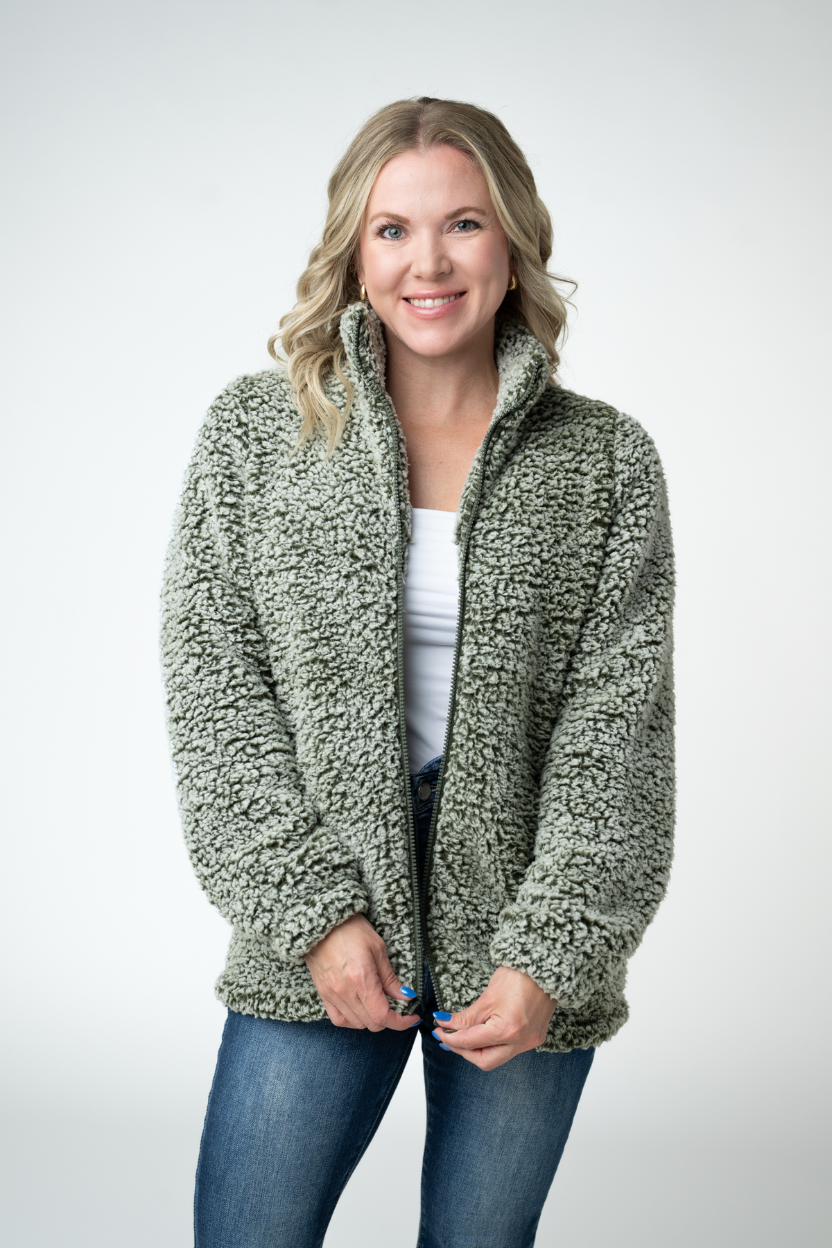 Michelle Mae Two Tone Fullzip Sherpa - Olive and White