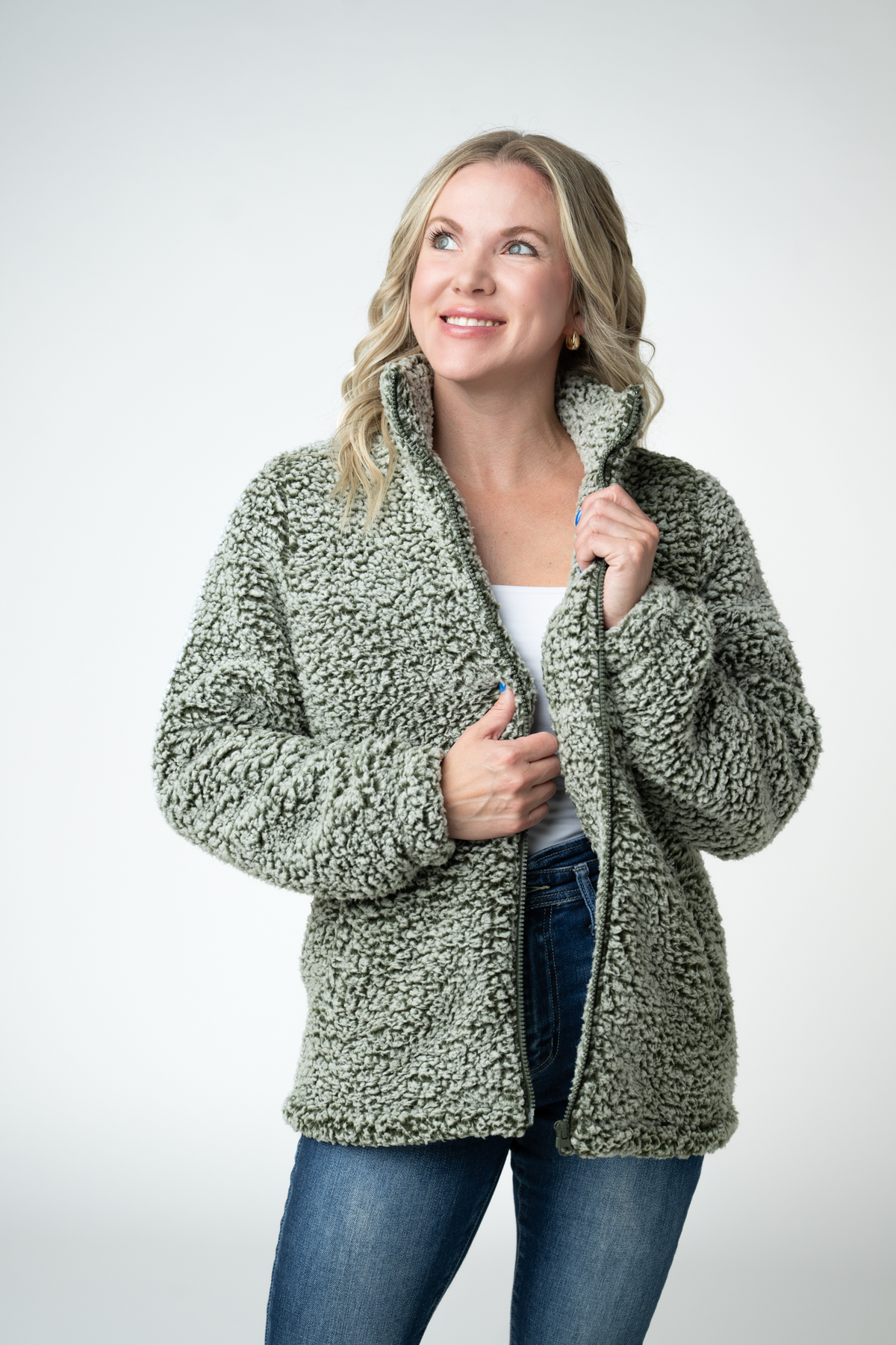 Michelle Mae Two Tone Fullzip Sherpa - Olive and White