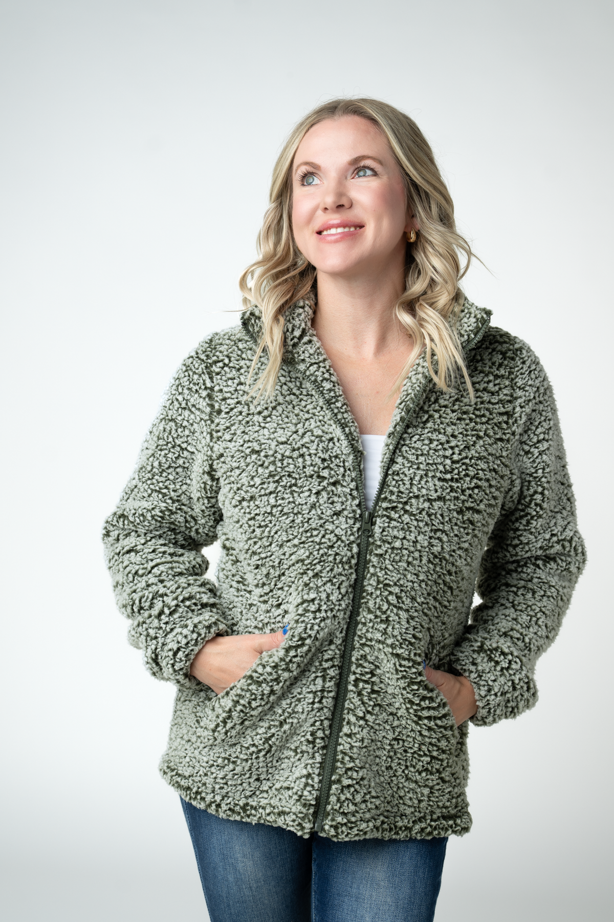 Michelle Mae Two Tone Fullzip Sherpa - Olive and White