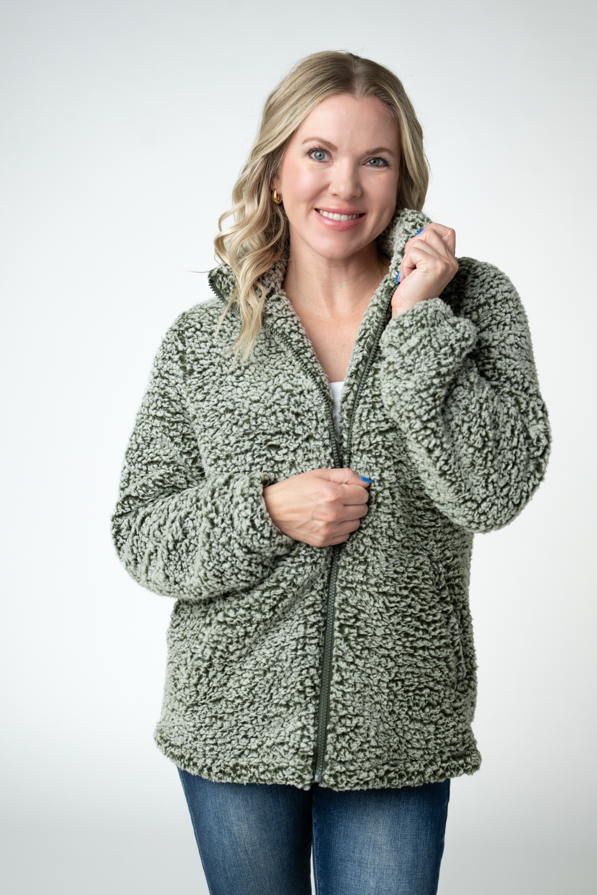 Michelle Mae Two Tone Fullzip Sherpa - Olive and White