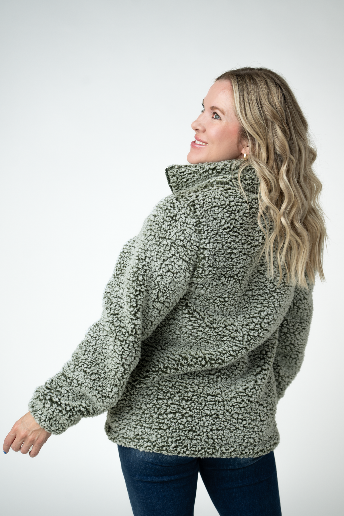Michelle Mae Two Tone Fullzip Sherpa - Olive and White