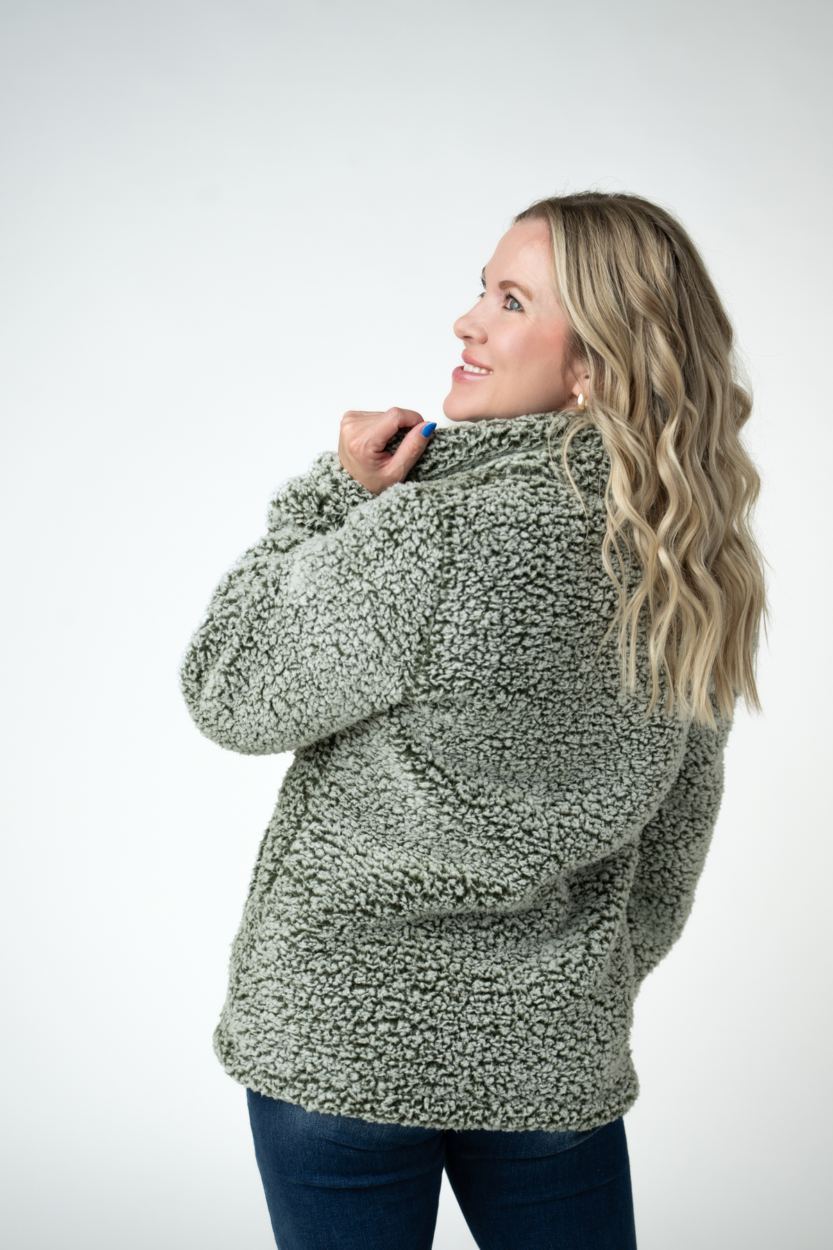 Michelle Mae Two Tone Fullzip Sherpa - Olive and White