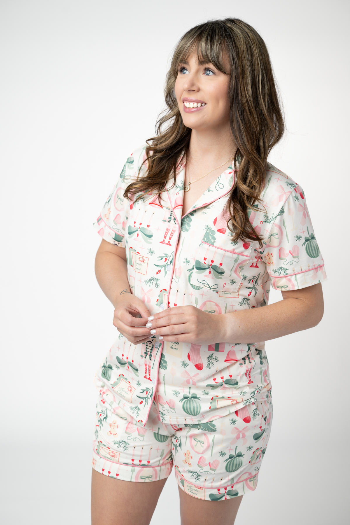 Michelle Mae Brooke Top and Shorts Pajama Set - Pink Pine Noel