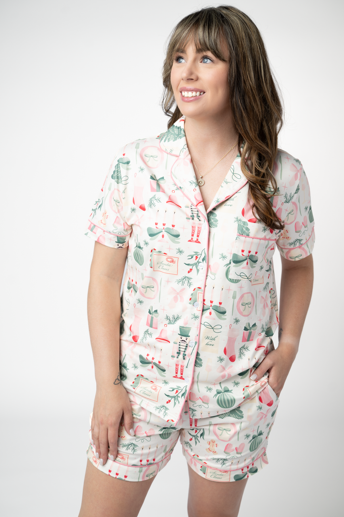 Michelle Mae Brooke Top and Shorts Pajama Set - Pink Pine Noel