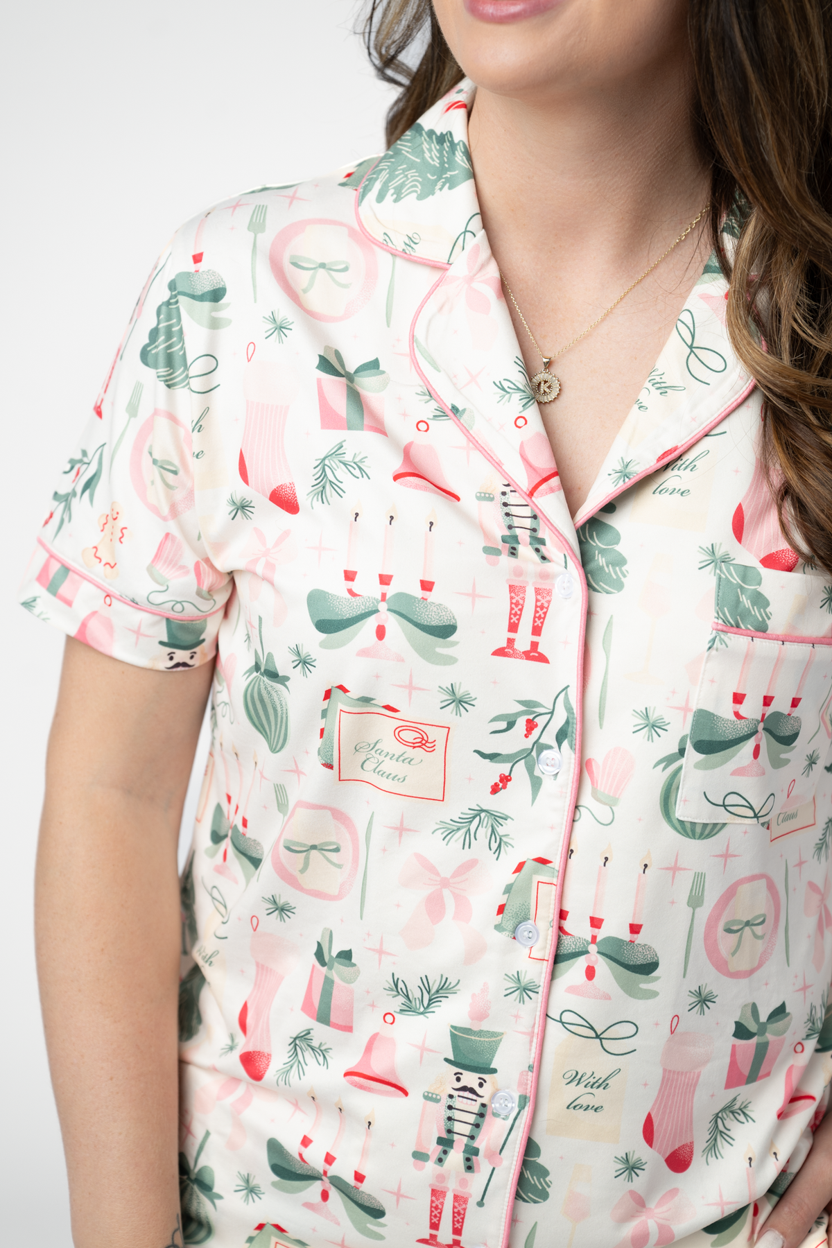 Michelle Mae Brooke Top and Shorts Pajama Set - Pink Pine Noel