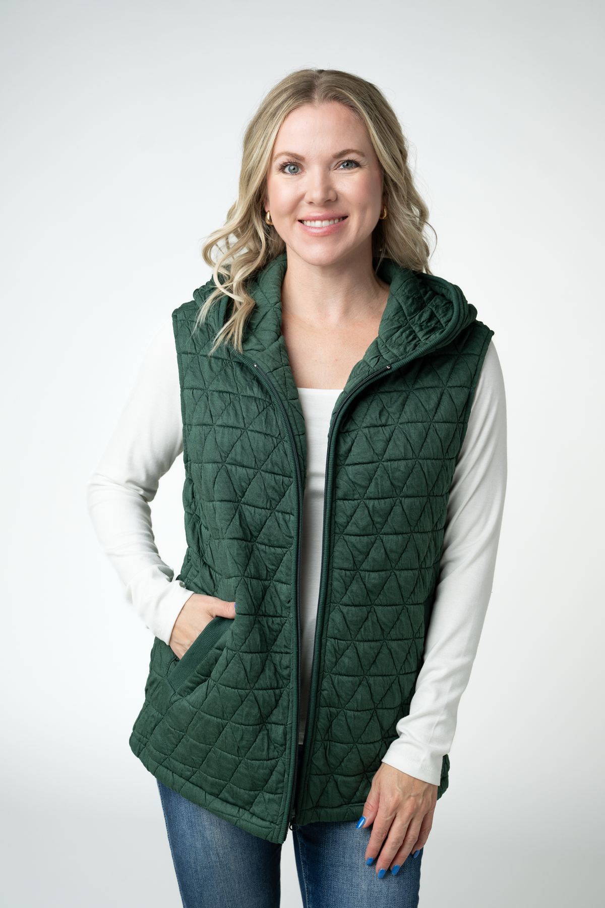 Michelle Mae Heather Geometric Hooded Vest - Forest Green