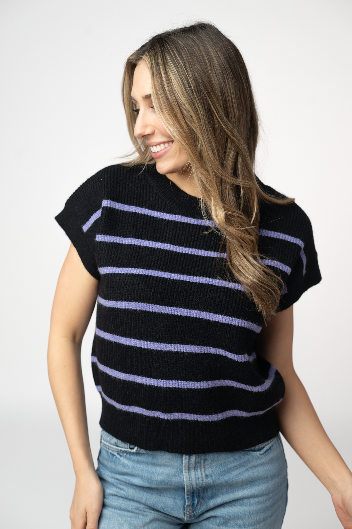 Michelle Striped Sweater Top - Black and Purple