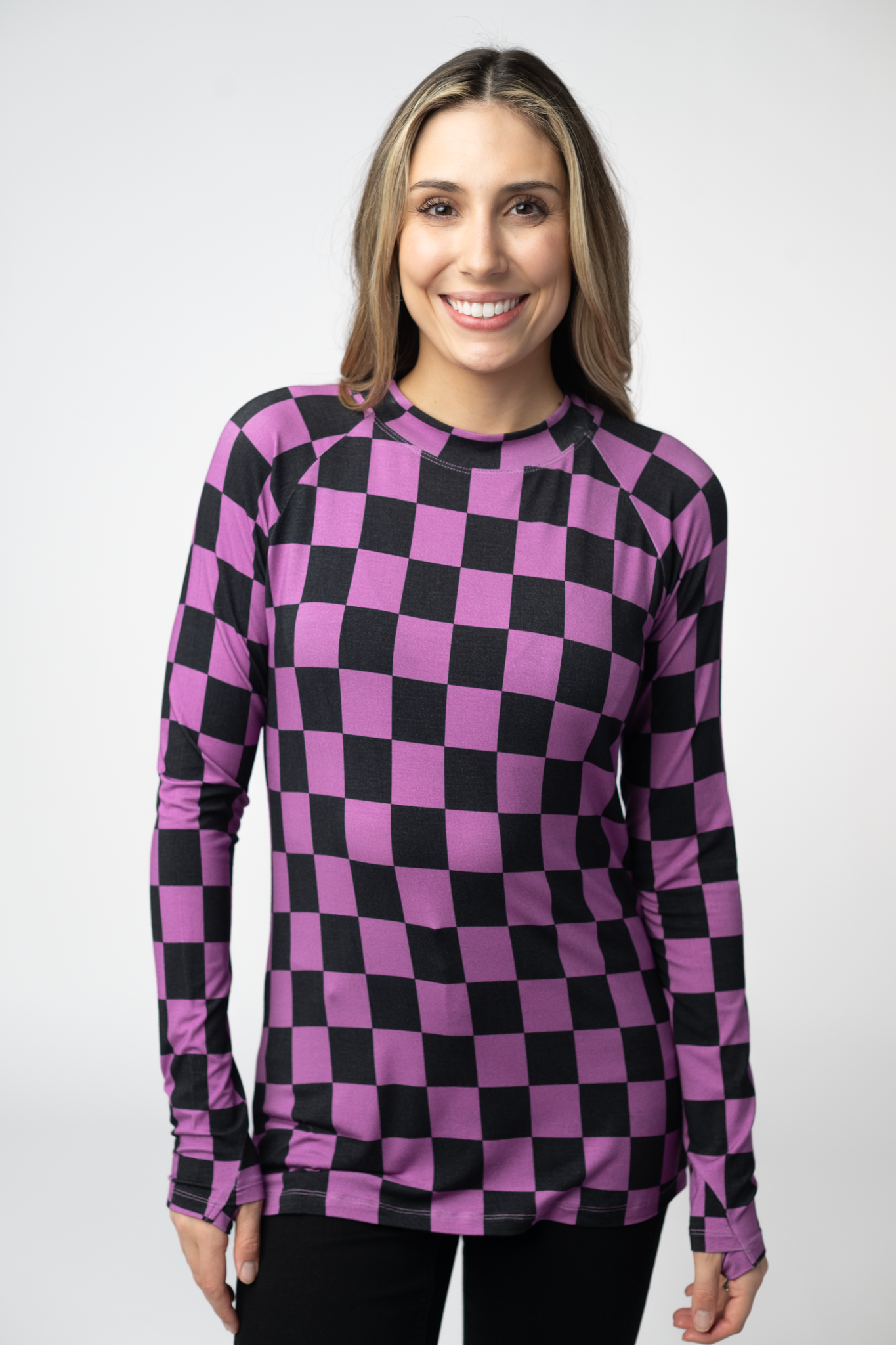 Michelle Mae Blair Long Sleeve Top - Black and Purple Checkers