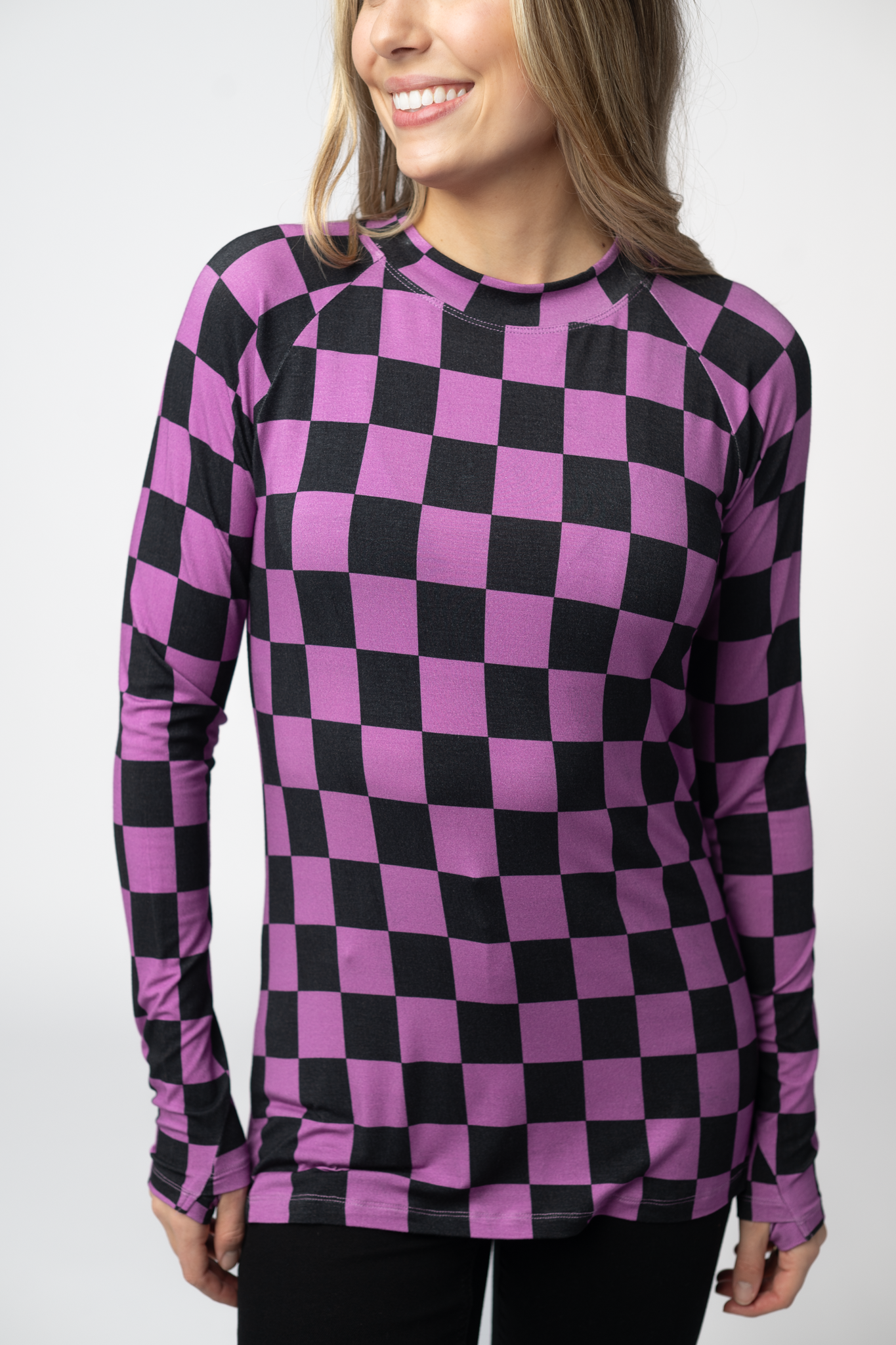 Michelle Mae Blair Long Sleeve Top - Black and Purple Checkers